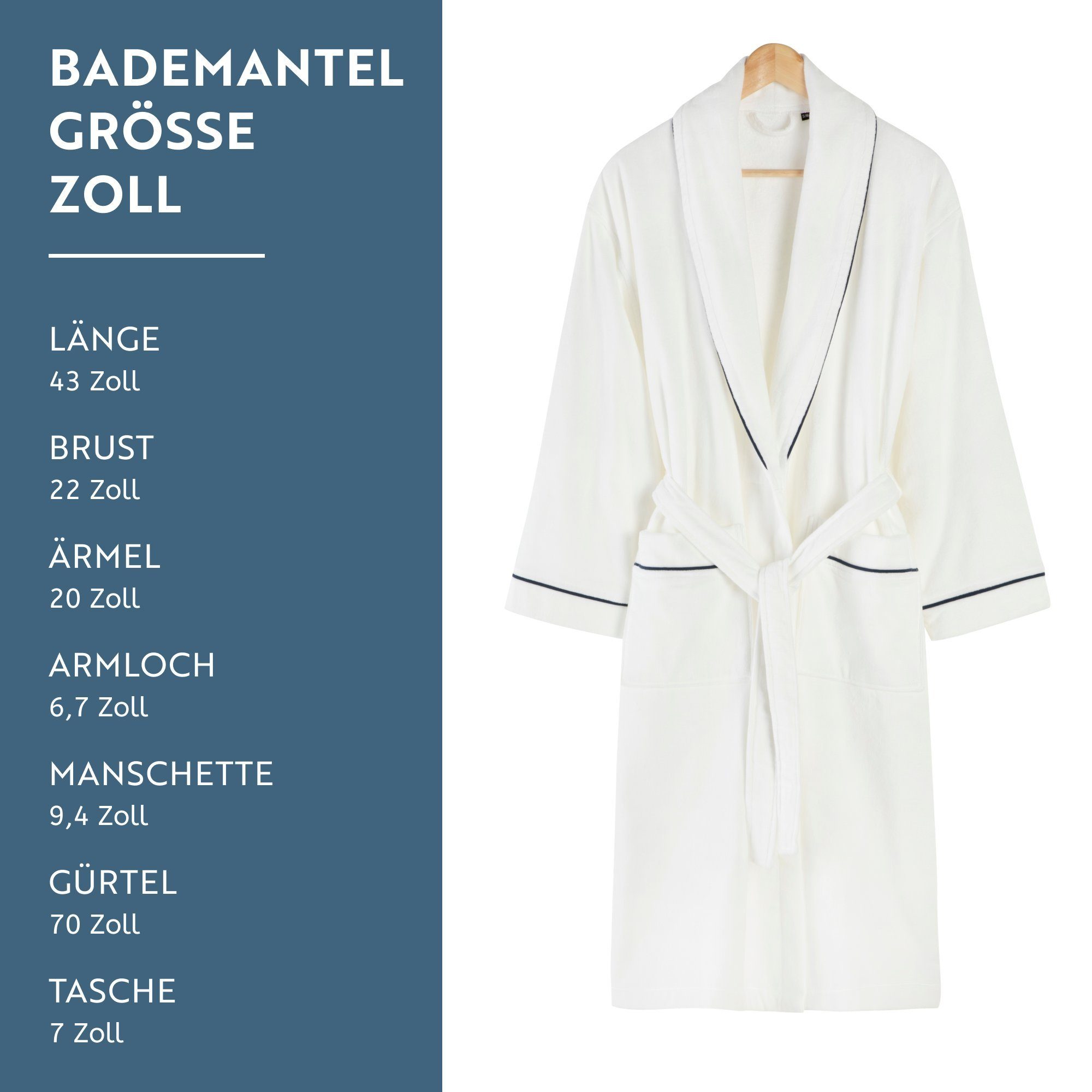English Home Baumwolle, Premium 100% Bademantel, Bindegürtel, Unisex, Bademantel Damen blau Weicher Weiß Herren Kapuze, Schalkragen Bademantel
