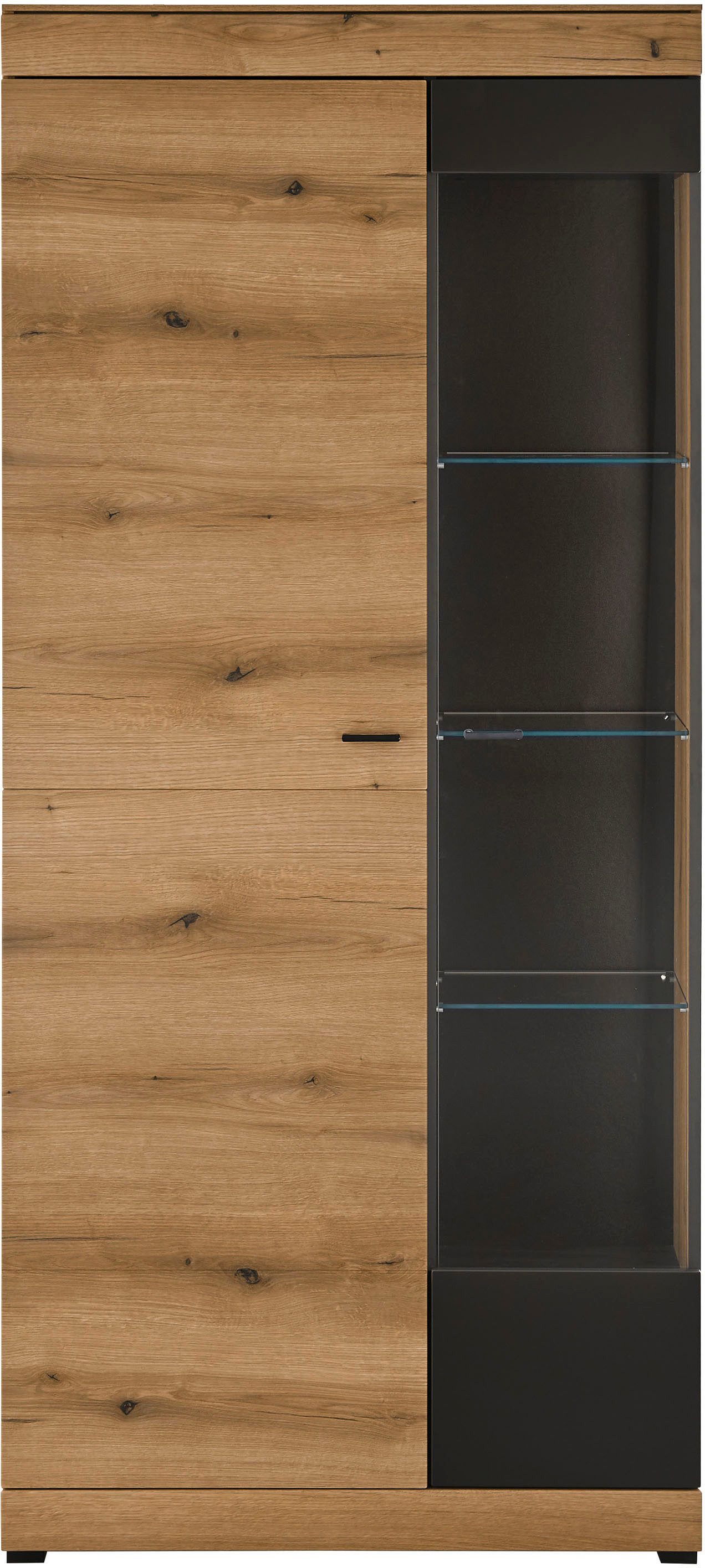 Home affaire Vitrine Soleto, Vitrinenschrank in Evoke Eiche, moderne Glasvitrine ausreichend Stauraum, schwarze Griffe aus Metall, zeitlos