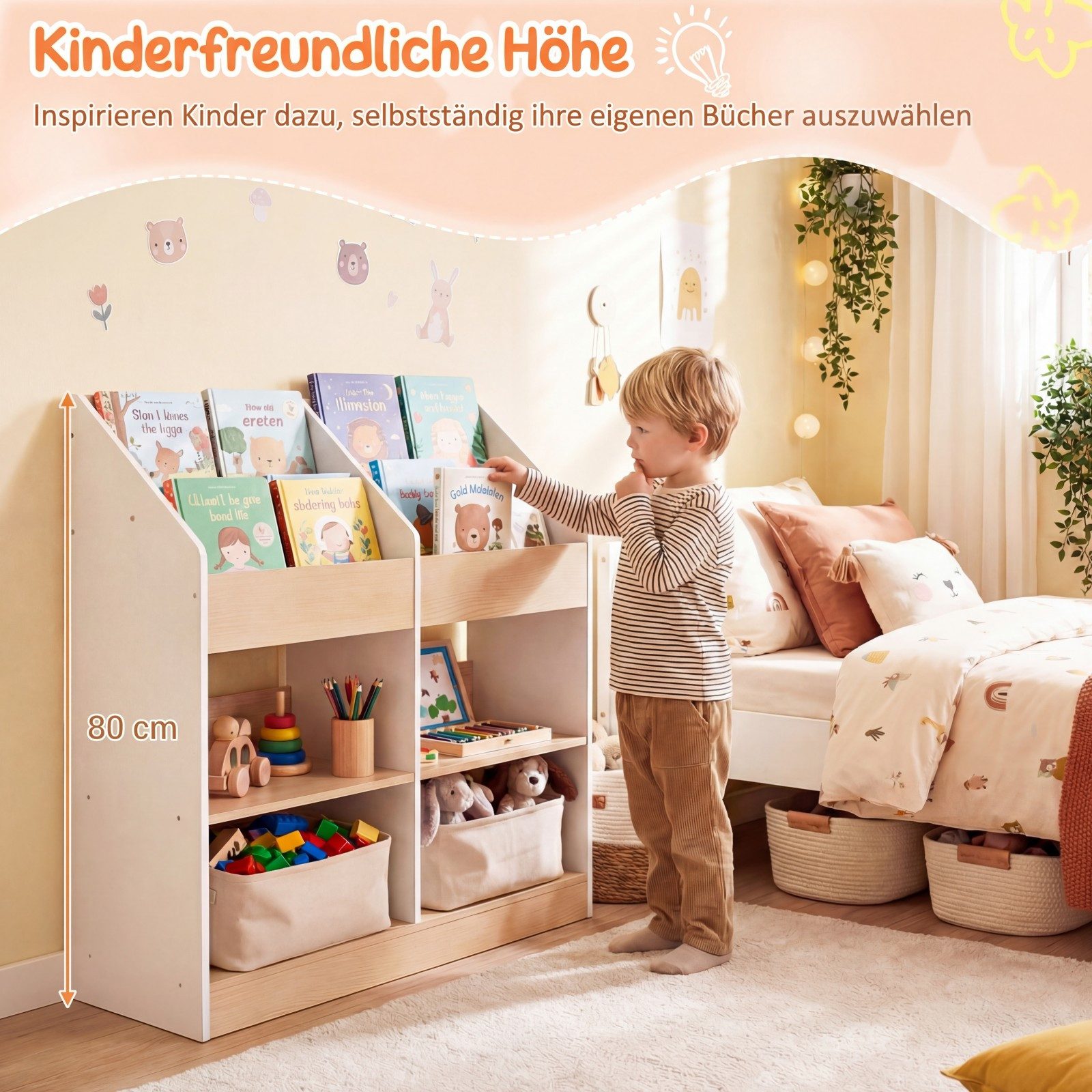 COSTWAY Kinderregal, Mit 4 aufrechten Würfeln & 4 Aufbewahrungsfächern