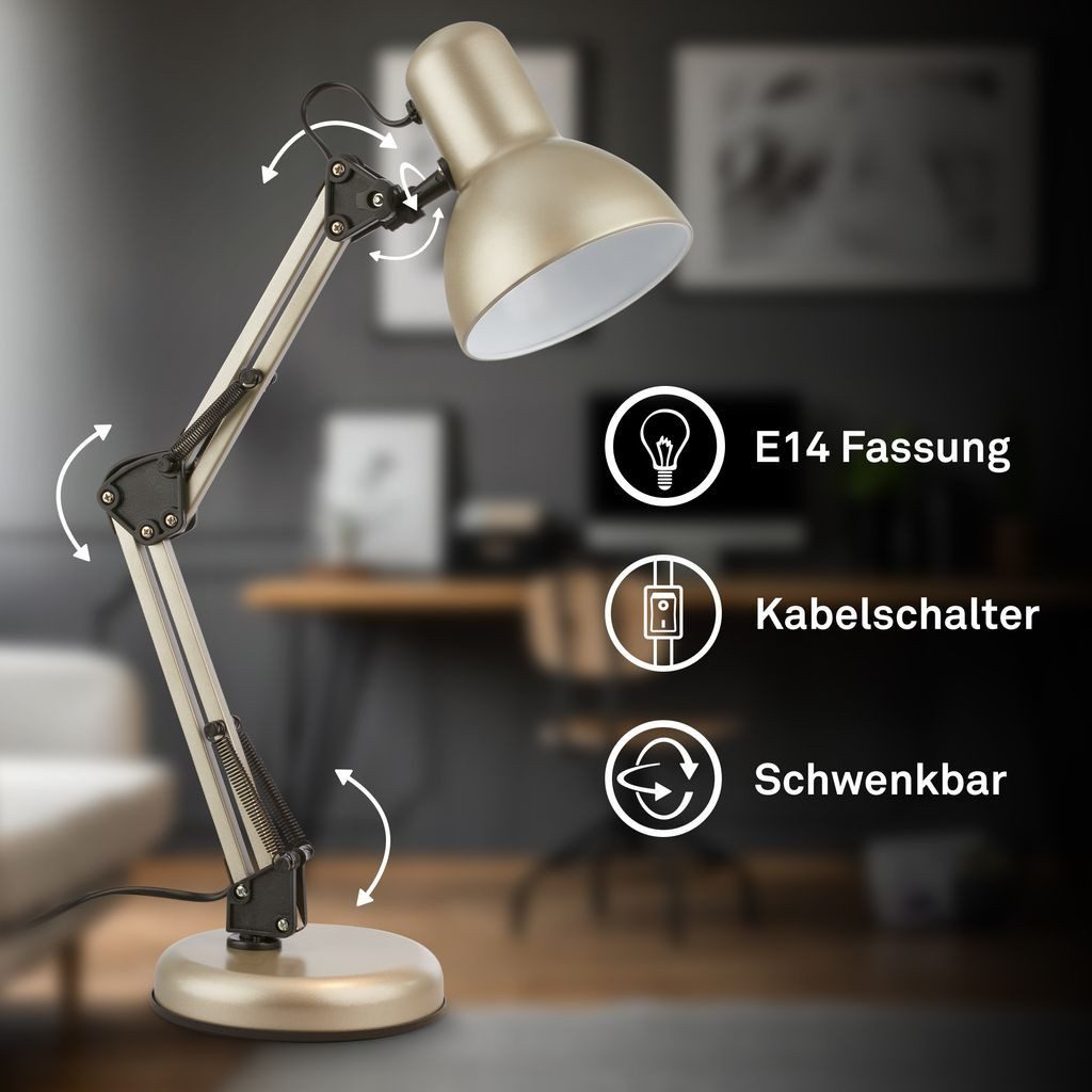 Briloner Leuchten Tischleuchte Tischleuchte Schwenkbar Kabelschalter E14, ohne Leuchtmittel, Abhängig vom Leuchtmittel - Warmweiß / Neutralweiß / Kaltweiß, 22,4x54,6 cm, Büro, Kinderzimmer