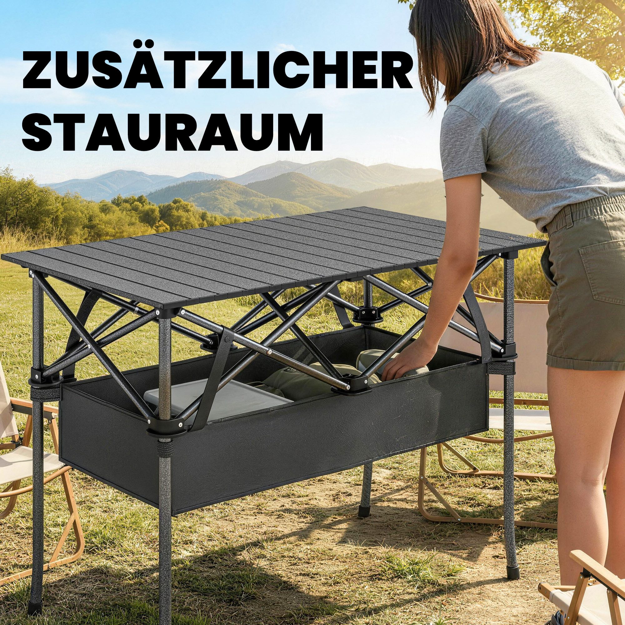 Outsunny Campingtisch Gartentisch Beistelltisch für Garten Balkon Camping Schwarz (Tisch, 1-St., Falttisch), Klappbar, Alu-Tischplatte, mit Netzfach – Bild 5 von 5