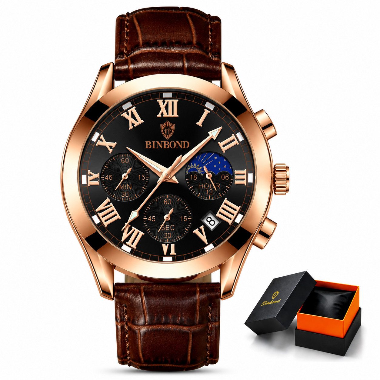 Fyrove Quarzuhr Herren Armbanduhr Quarz Chronograph mit Lederarmband Roségold 43mm, (Klassische Business Uhr, mit Mondphase, Datumsanzeige, Leuchtzeigern und 3ATM Wasserschutz), für Alltag und Freizeit