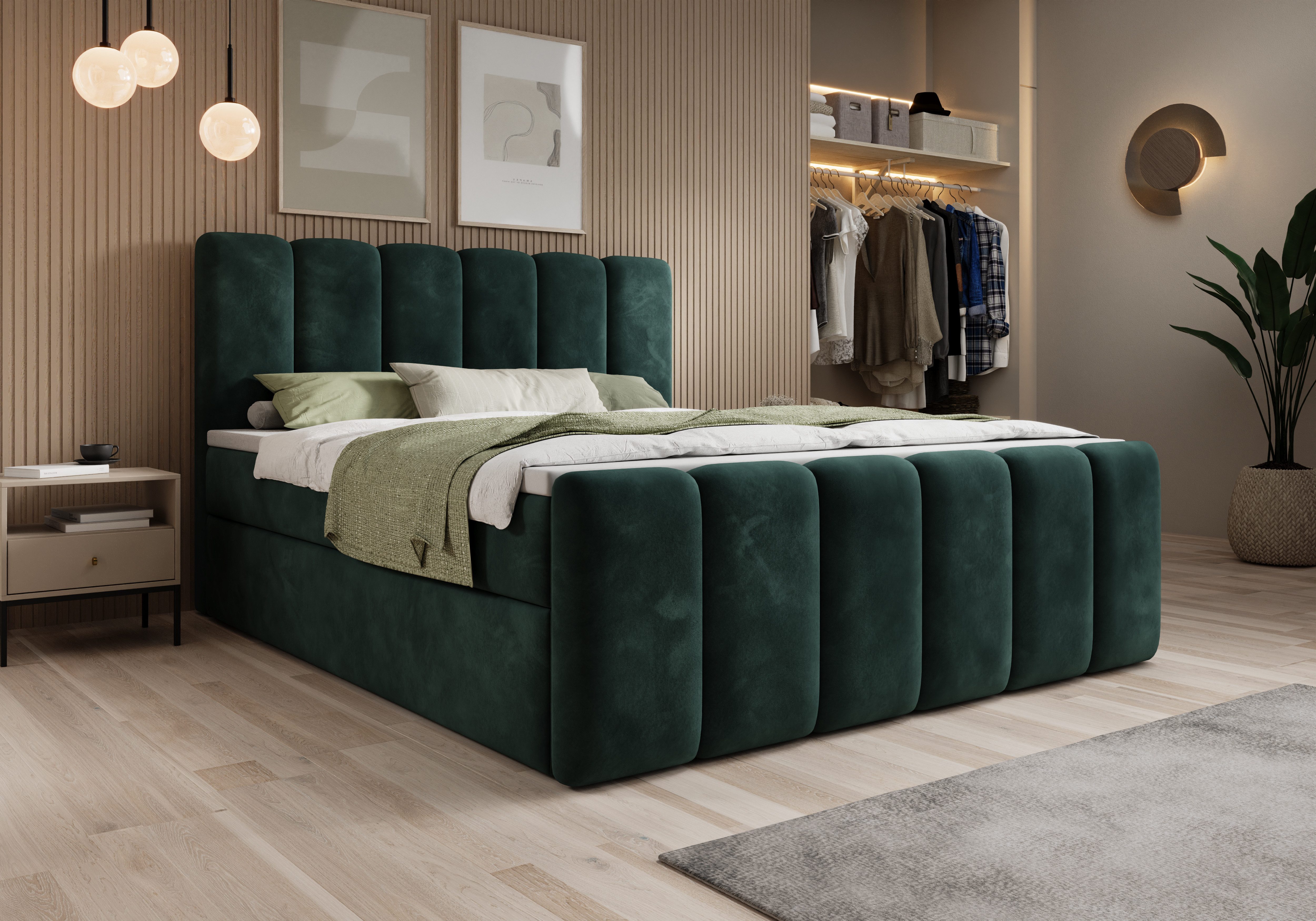 thematys Boxbett mit Bettkasten 140x200–200x200 cm – Velours oder Bouclé Bezug – (Polsterbett Bonnellfederkern Matratze H3 + Gratis 3cm Topper, Boxbett - Luxus Doppelbett mit Stauraum)