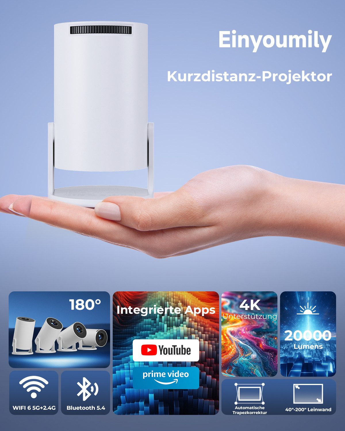Einyoumily Mini Beamer Unterstützt 4K, Integrierte APP Android 14 Heimkino Beamer (20000 lm, 10000:1, 3840x2160 px) weiß