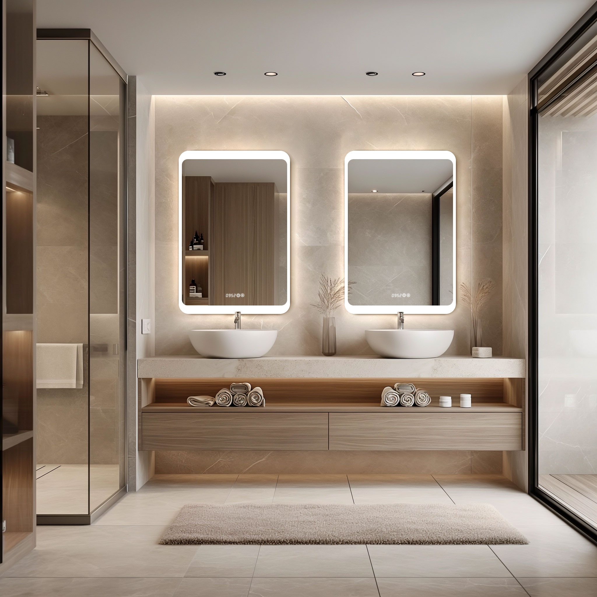 HOKO Badspiegel LED Design Wandspiegel 50x70/60x80cm+Digital Uhr+LED Wechse günstig online kaufen