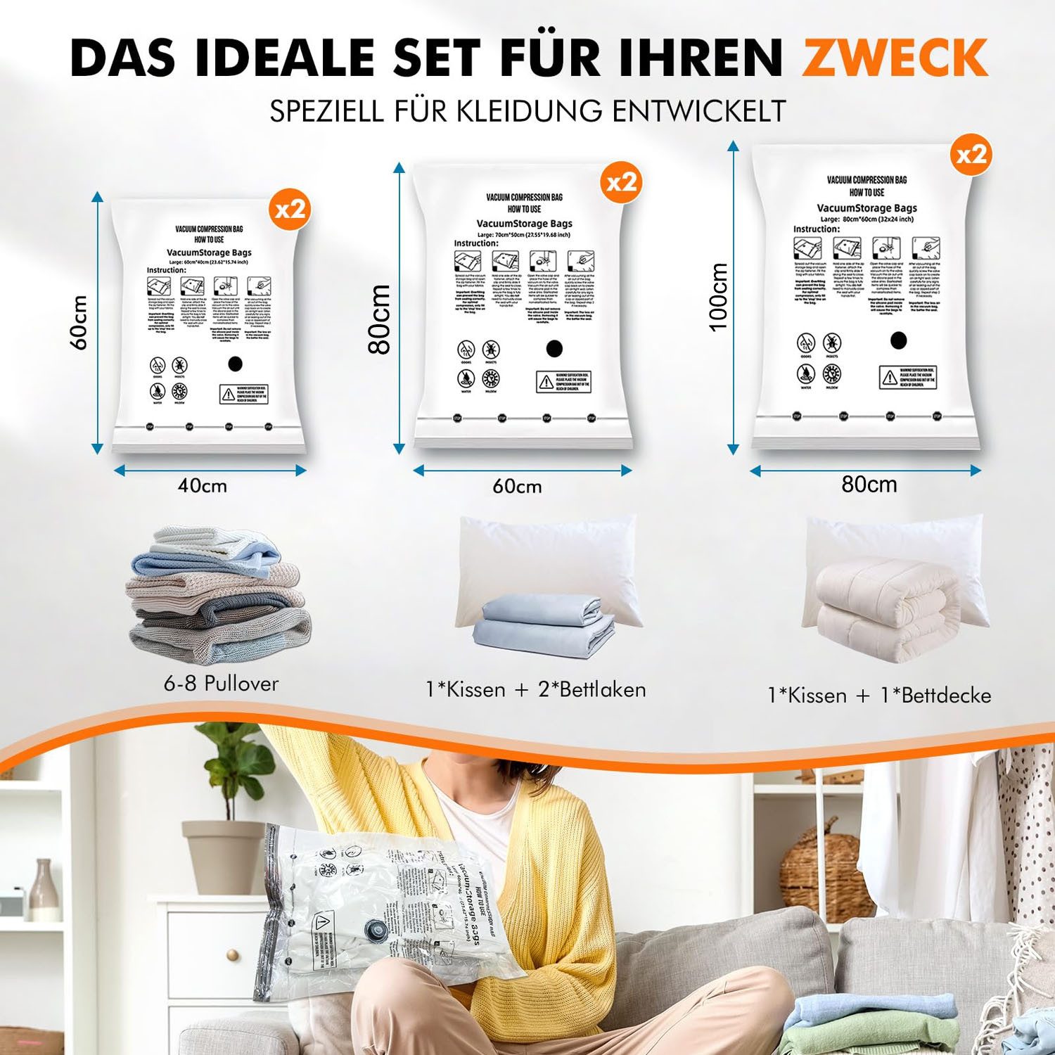 SURFOU Vakuumbehälter 6er Set Vakuumbeutel für Kleidung 3 Größen, Vakuumierbeutel Bettdecken, Polyethylen (PE), (Wiederverwendbar Kleideraufbewahrungstaschen mit Luftdichtem Ventil und Handpumpe, langlebig, reißfest, mehrfach versiegelt, auslaufsicher, feuchtigkeitsbeständig, 6-tlg., Vakuumbeutel für Bettdecken, Vacuum Bags for Clothing), – ideal für Reisen, Umzüge und saisonale Lagerung