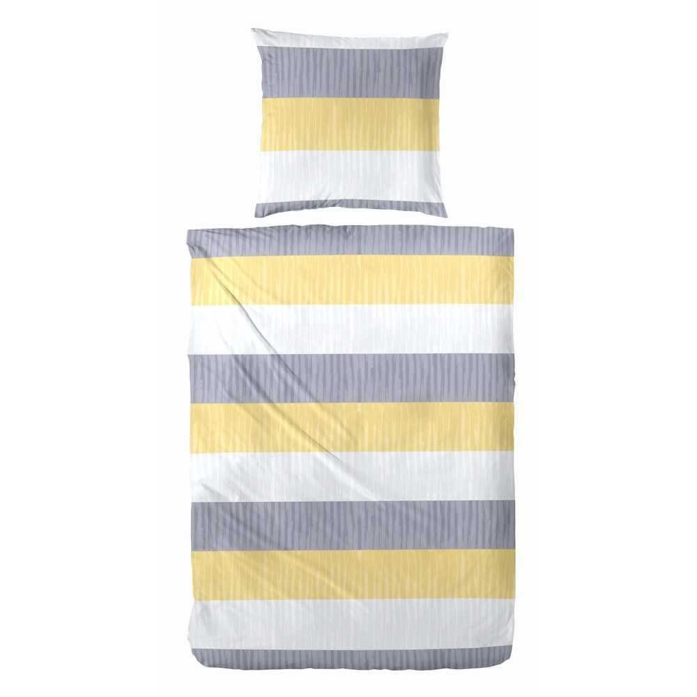H.G. Hahn Haustextilien Bettwäsche Hahn Polycotton Bettwäsche Grau Gelb Streifen, Baumwolle, 2 teilig
