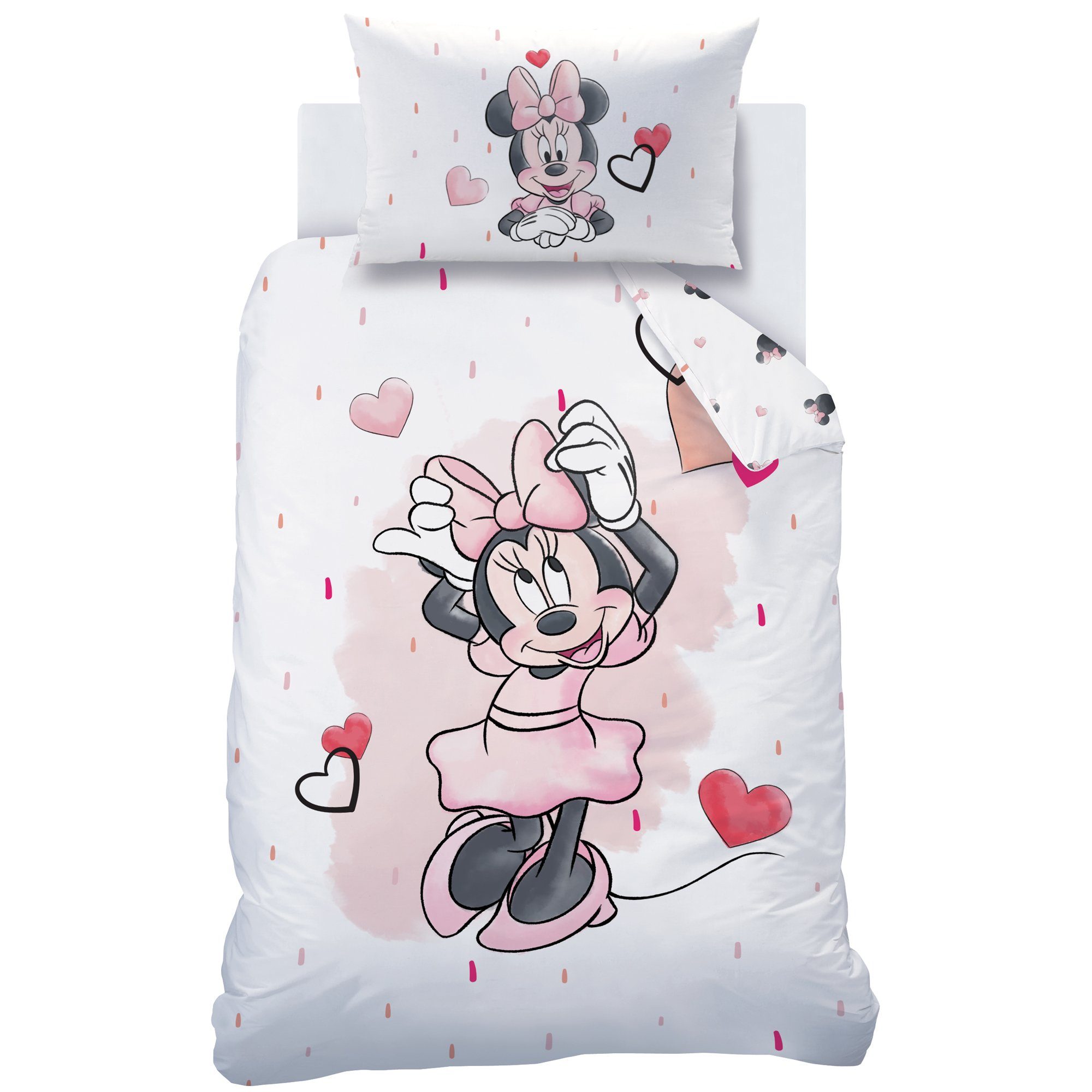 Babybettwäsche Minnie Mouse 100x135 + 40x60 cm, 100 % Baumwolle, MTOnlinehandel, Biber, 2 teilig, süße Disney Minnie Maus mit vielen Herzchen in rosa, weiß & rot