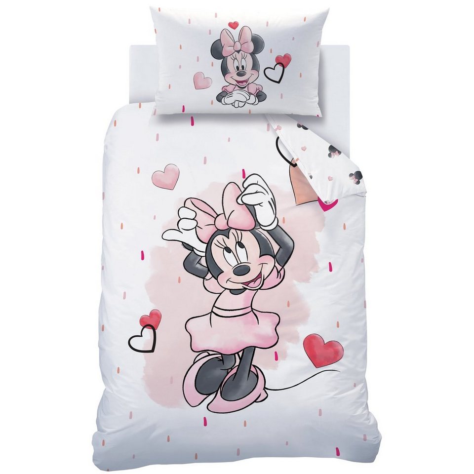 Babybettwäsche Minnie Mouse 100x135 + 40x60 cm, 100 % Baumwolle,  MTOnlinehandel, Biber, 2 teilig, süße Disney Minnie Maus mit vielen  Herzchen in rosa, weiß & rot