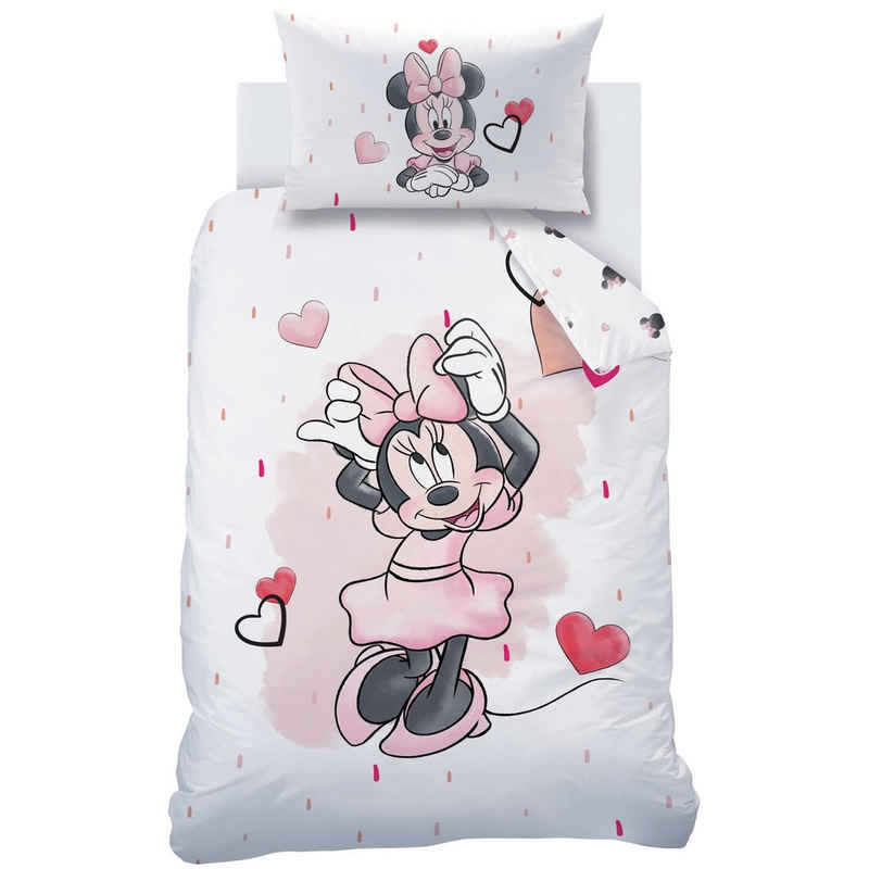 Babybettwäsche Minnie Mouse 100x135 + 40x60 cm, 100 % Baumwolle, MTOnlinehandel, Biber, 2 teilig, süße Disney Minnie Maus mit vielen Herzchen in rosa, weiß & rot