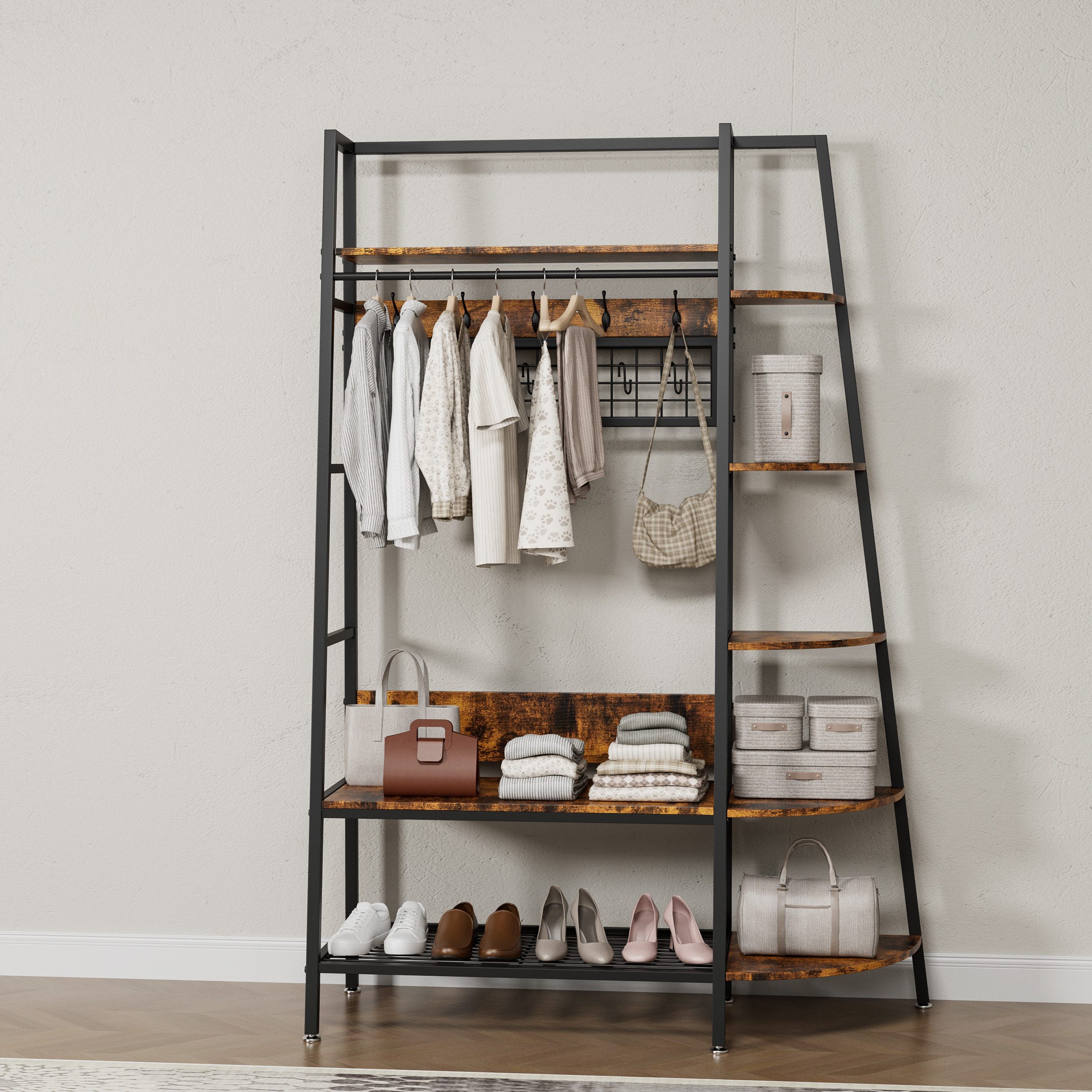 MODFU Kleiderständer Industrie-Garderobenständer, Retro Braun, freistehend, mit Regalböden, (Garderobenständer, 1 St., Vielseitiger Kleider- & Schuh-Organizer), Ideal für Schlafzimmer, Wohnzimmer & Homeoffice