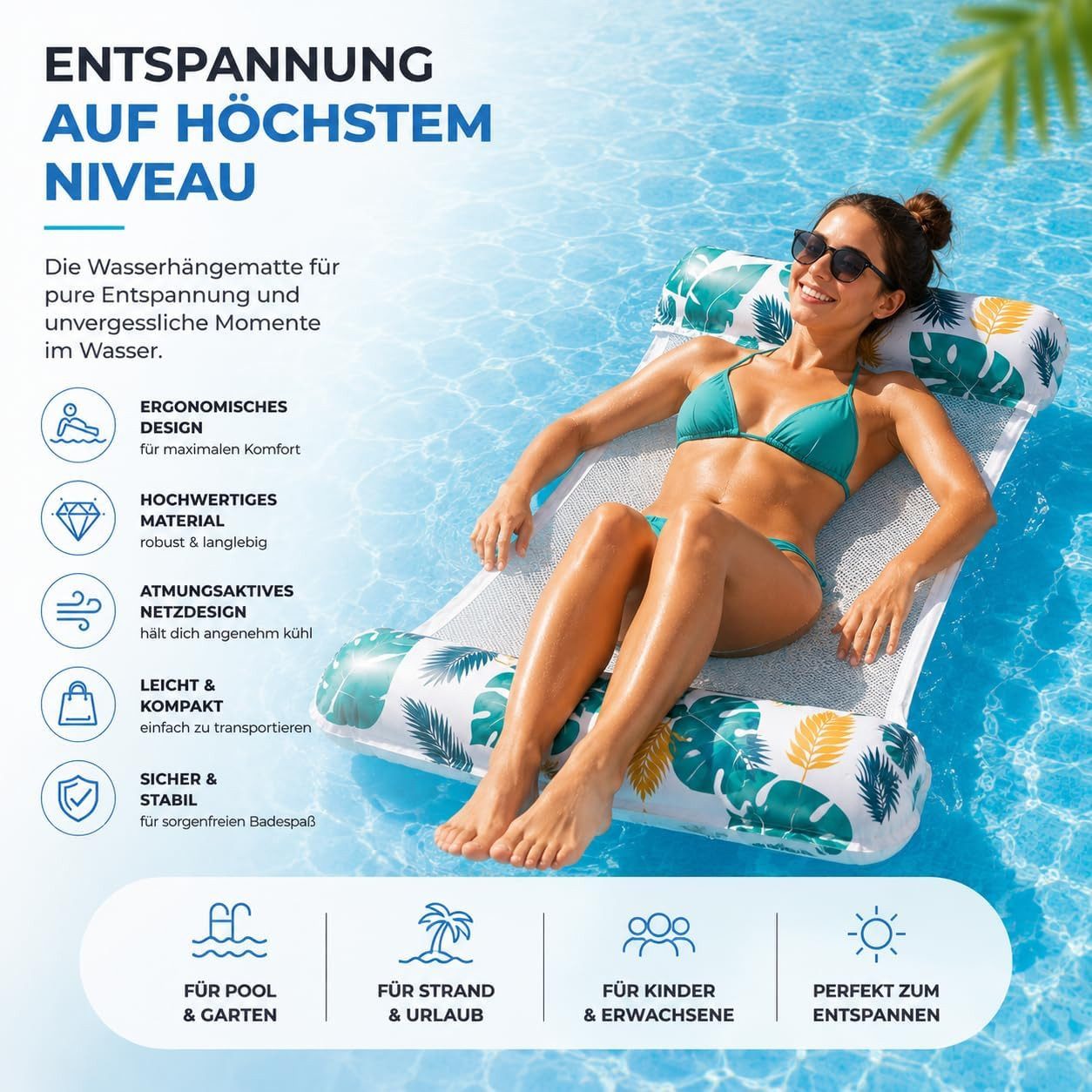 TK Gruppe Luftmatratze Luftmatratze Pool aufblasbar – Wasserhängematte & Schwimmkissen