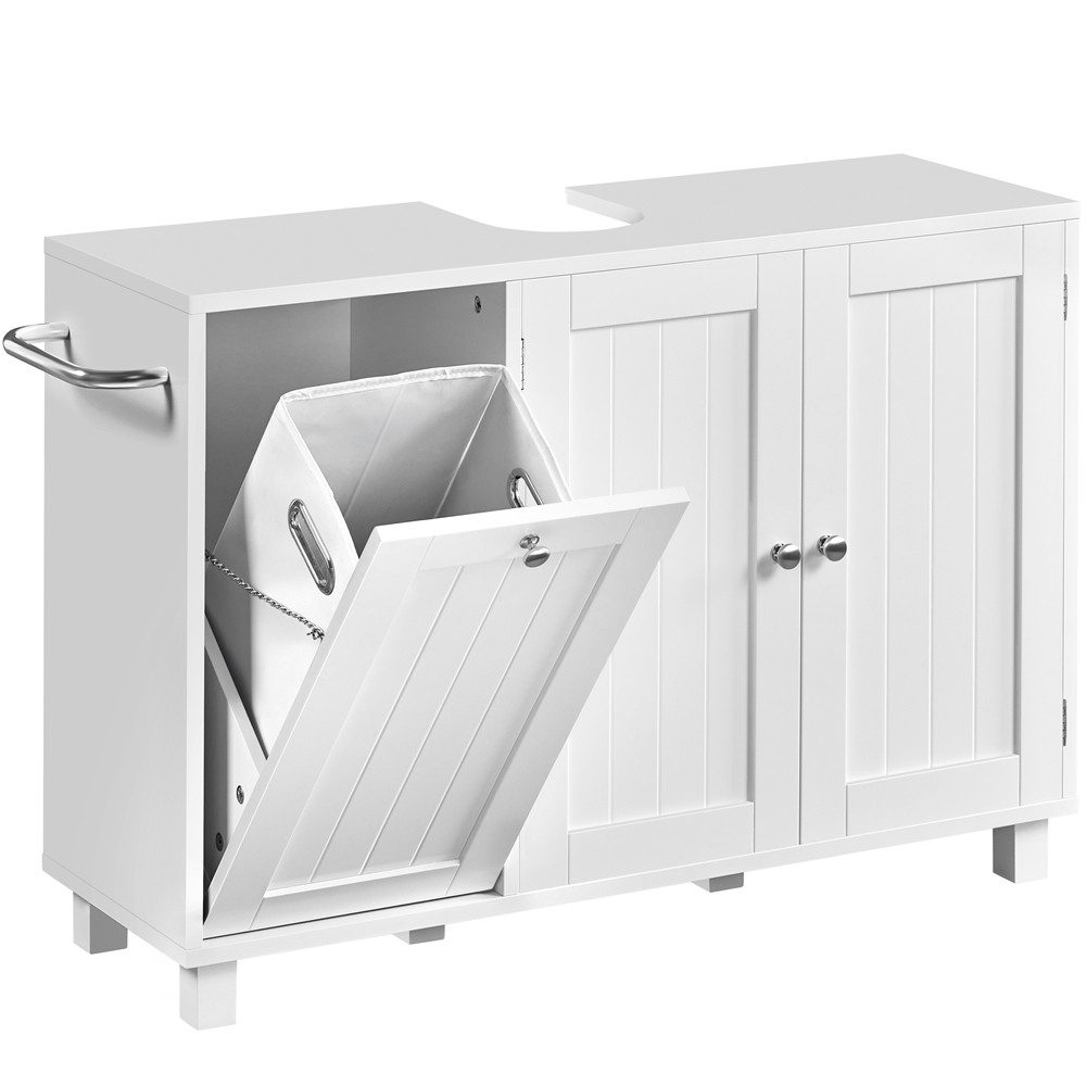 Yaheetech Waschbeckenunterschrank Badunterschrank mit 3 Türen und Verstellbarem Einlegeboden 90 cm L × 30 cm B × 62,5 cm H Unterschrank mit Integriertem Wäschekorb