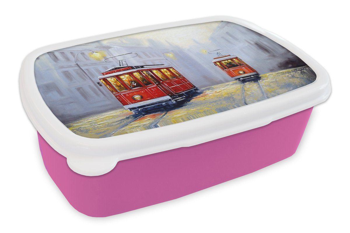 - rosa Brotdose Lunchbox Stadt Kinder, Snackbox, MuchoWow - Kunststoff Mädchen, - Kunststoff, Brotbox Öl, Straßenbahn (2-tlg), Gemälde Erwachsene, für