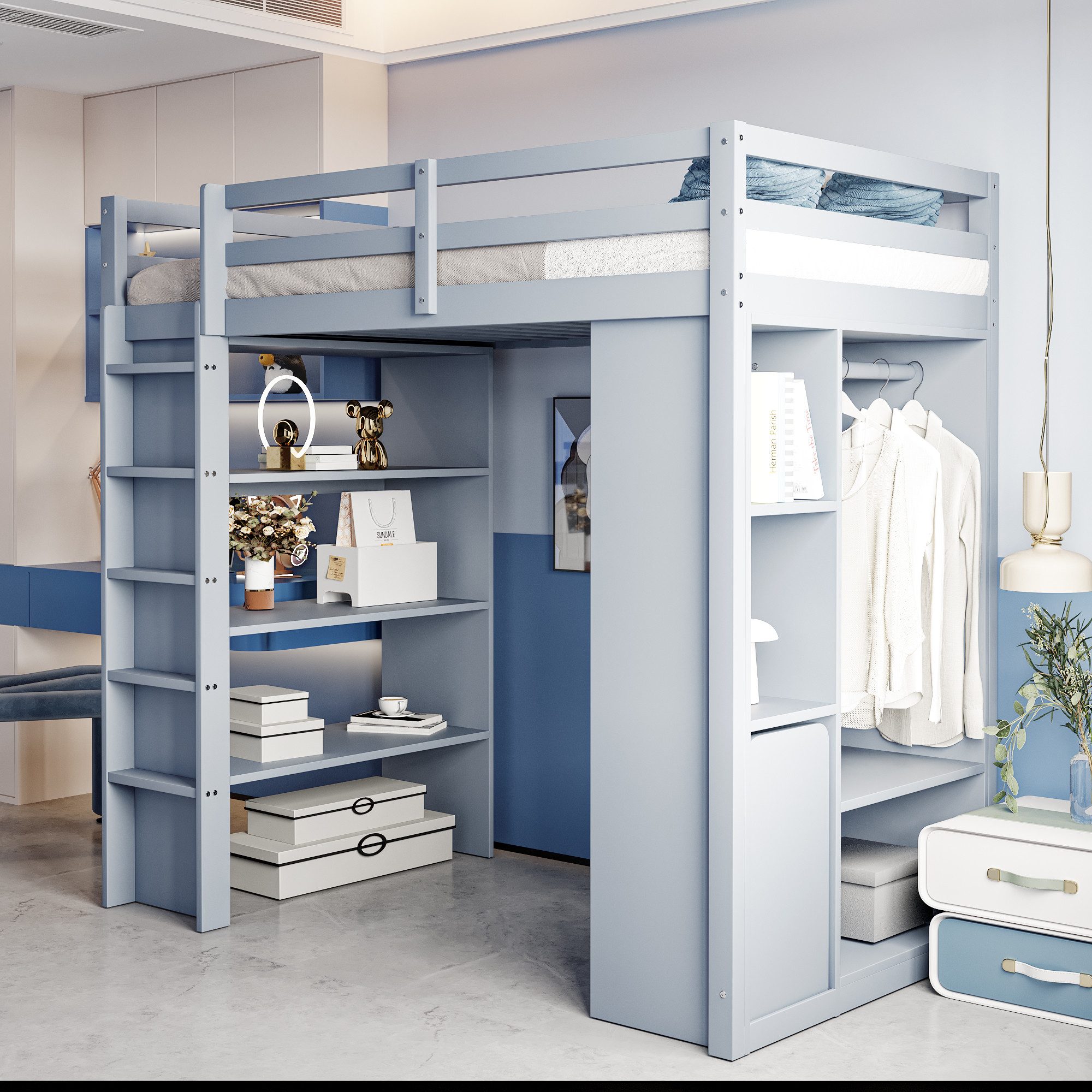 Merax Hochbett mit viel Stauraum unter dem Bett (1-St., Einzelbett Jugendbett) Kiefer Kinderbett 90x200 cm mit Regalen, Kleiderhaken & Rollwagen