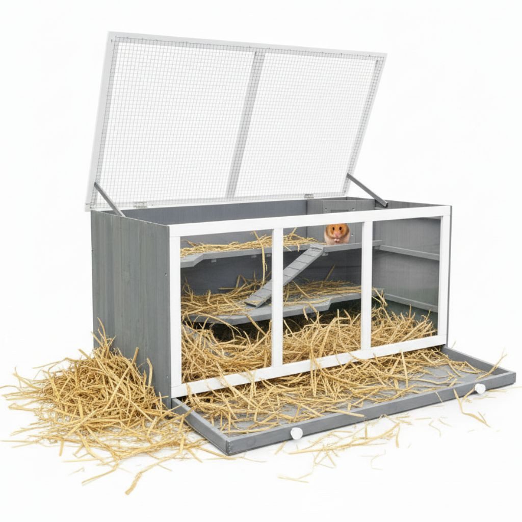 Mucola Kleintierkäfig Kleintierstall Holz mit Plexiglasfront – 3 Etagen Stall für Nagetiere, Aufklappbaren Deckel, herausnehmbarer Schublade, Plexiglasfront