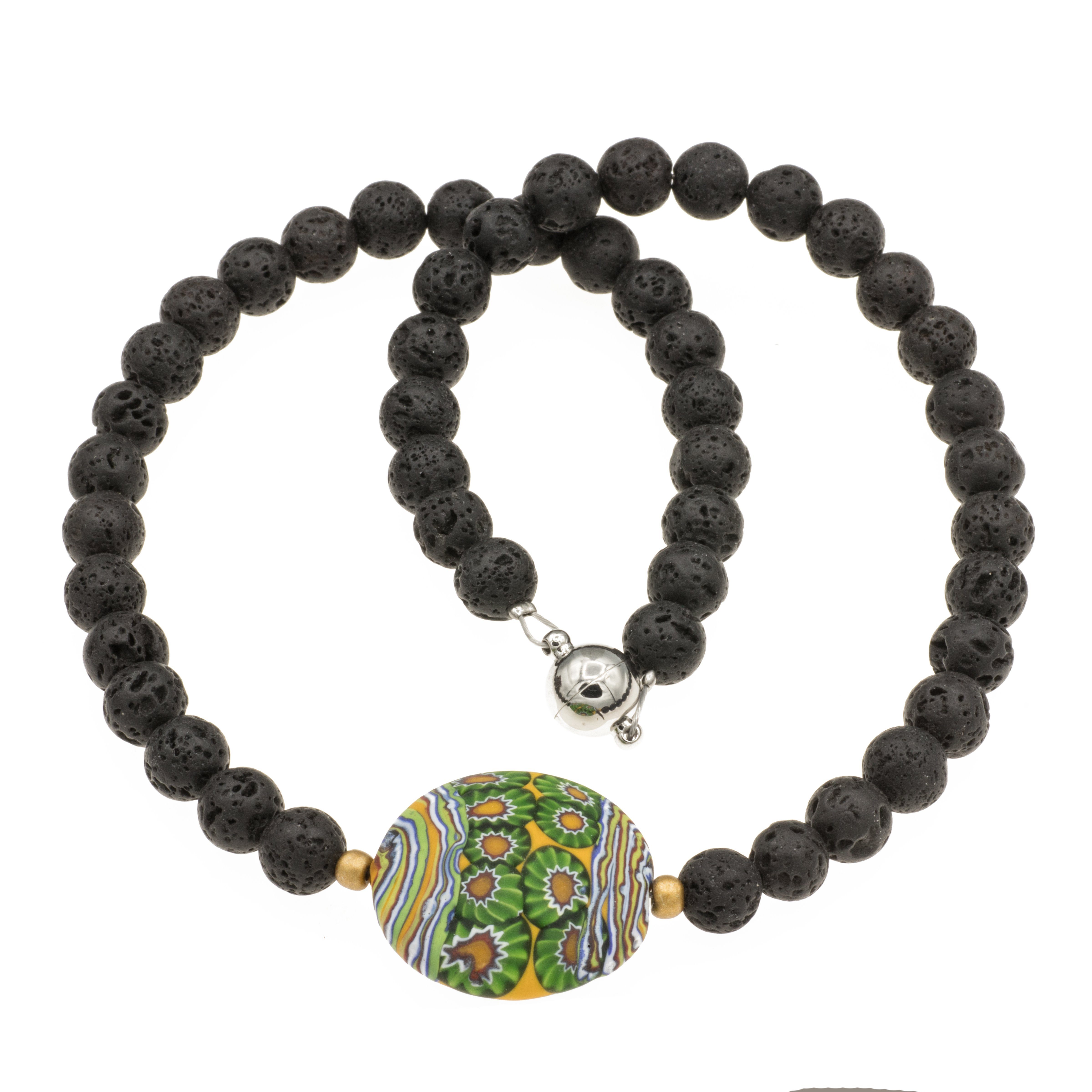 Perlenkette Kette mit Murano Glas Millefiori Mosaik Perle grün u. Lava Perlen