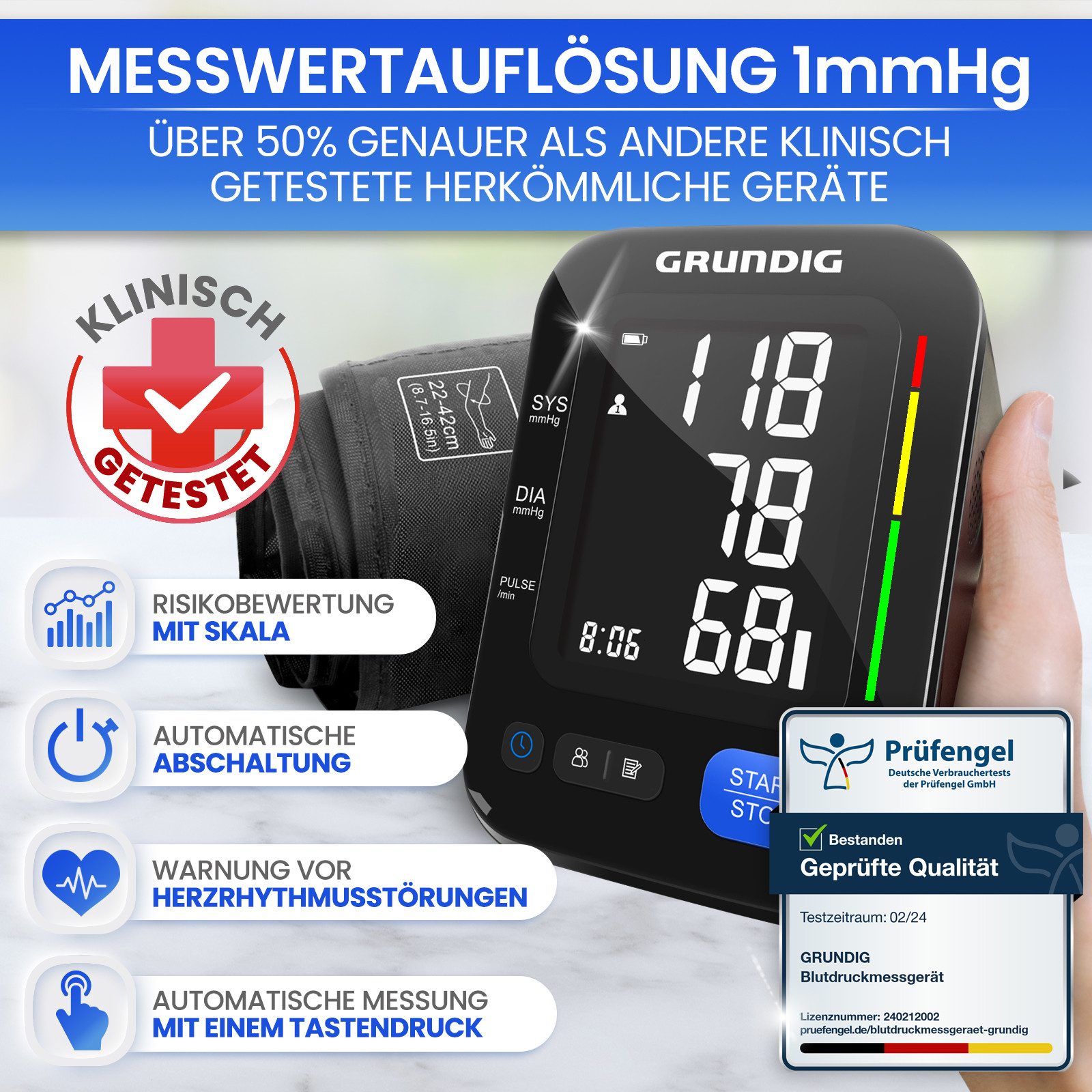 Grundig Oberarm-Blutdruckmessgerät Blutdruckmessgerät Oberarm präzise einfache Bedienung inkl. Batterien