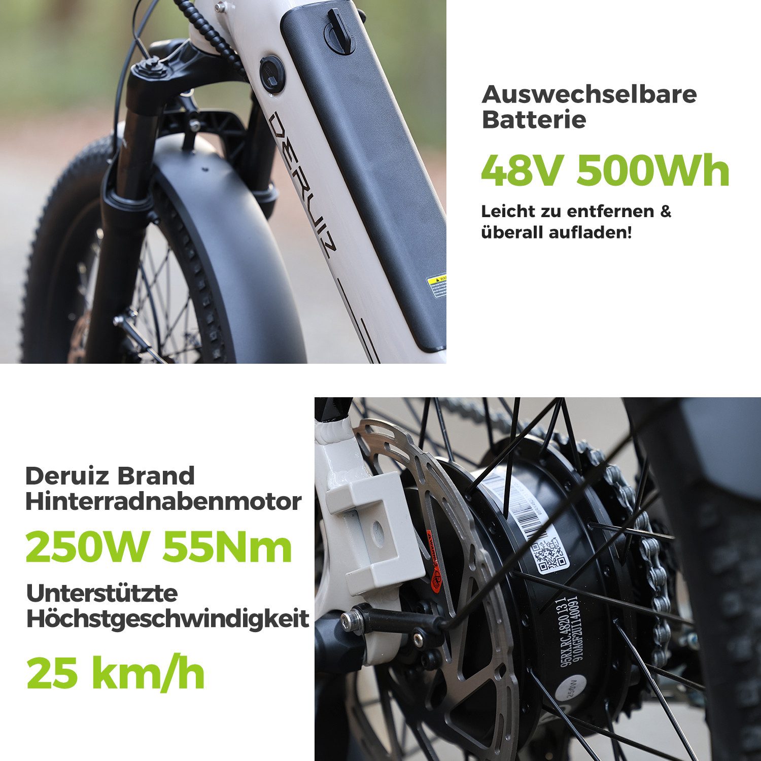 DERUIZ E-Bike Klapprad Peridot 20 × 3 Zoll, bis 143 km, Bluetooth und App, 8 Gang SHIMANO SHIMANO ALTUS 11-32T Schaltwerk, Kettenschaltung, Heckmotor, 500 Wh, (mit Akku-Ladegerät mit Werkzeug), Federsattelstütze