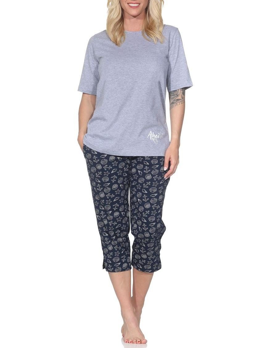 Normann Pyjama Damen kurzarm Capri Schlafanzug in maritimer Optik -auch in Übergröße
