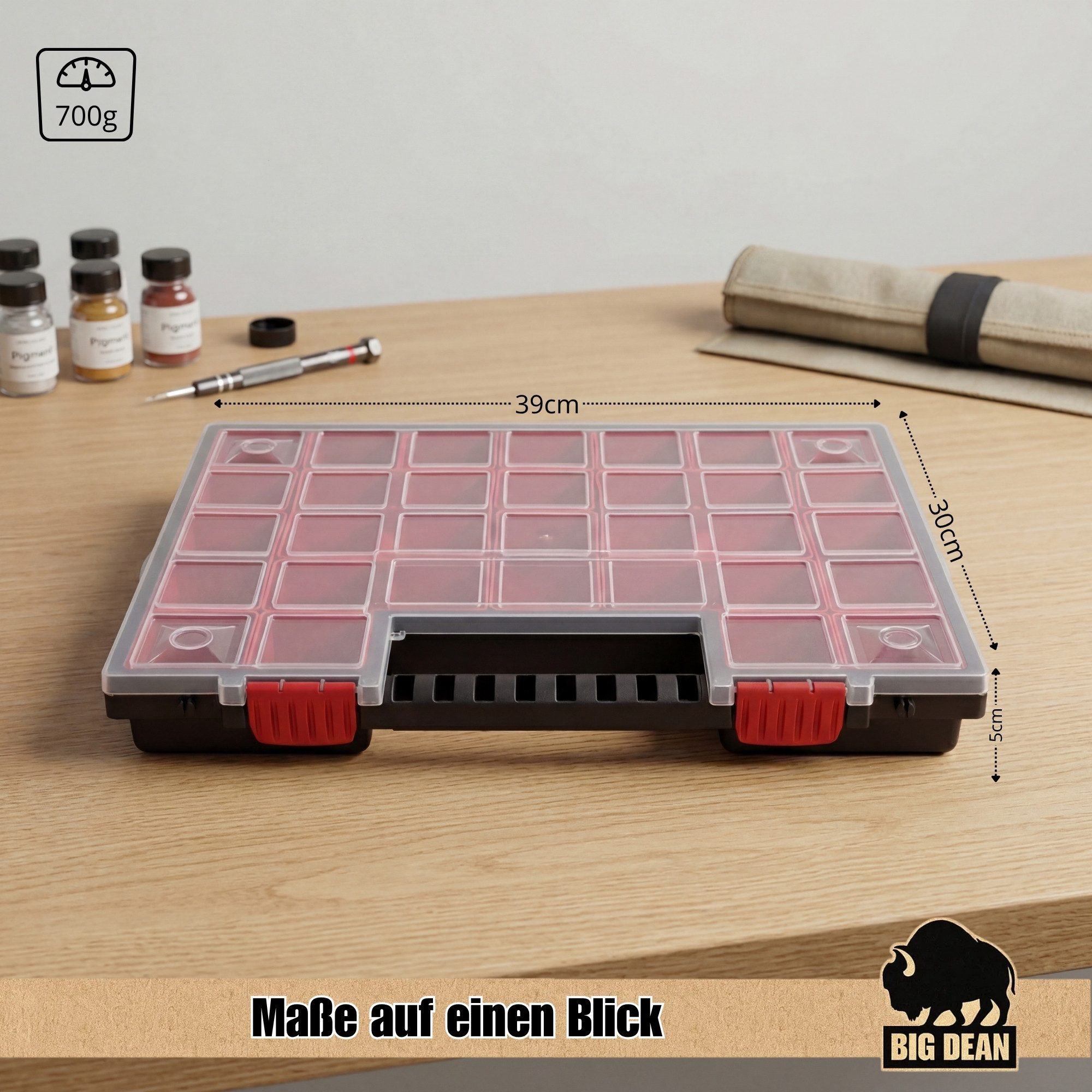 BigDean Sortimentskasten mit herausnehmbaren roten Fächern ideal für Kleinteile Werkzeug (Packung, 1 St., Packung), Herausnehmbare Fächer, Übersichtliches System, Robust