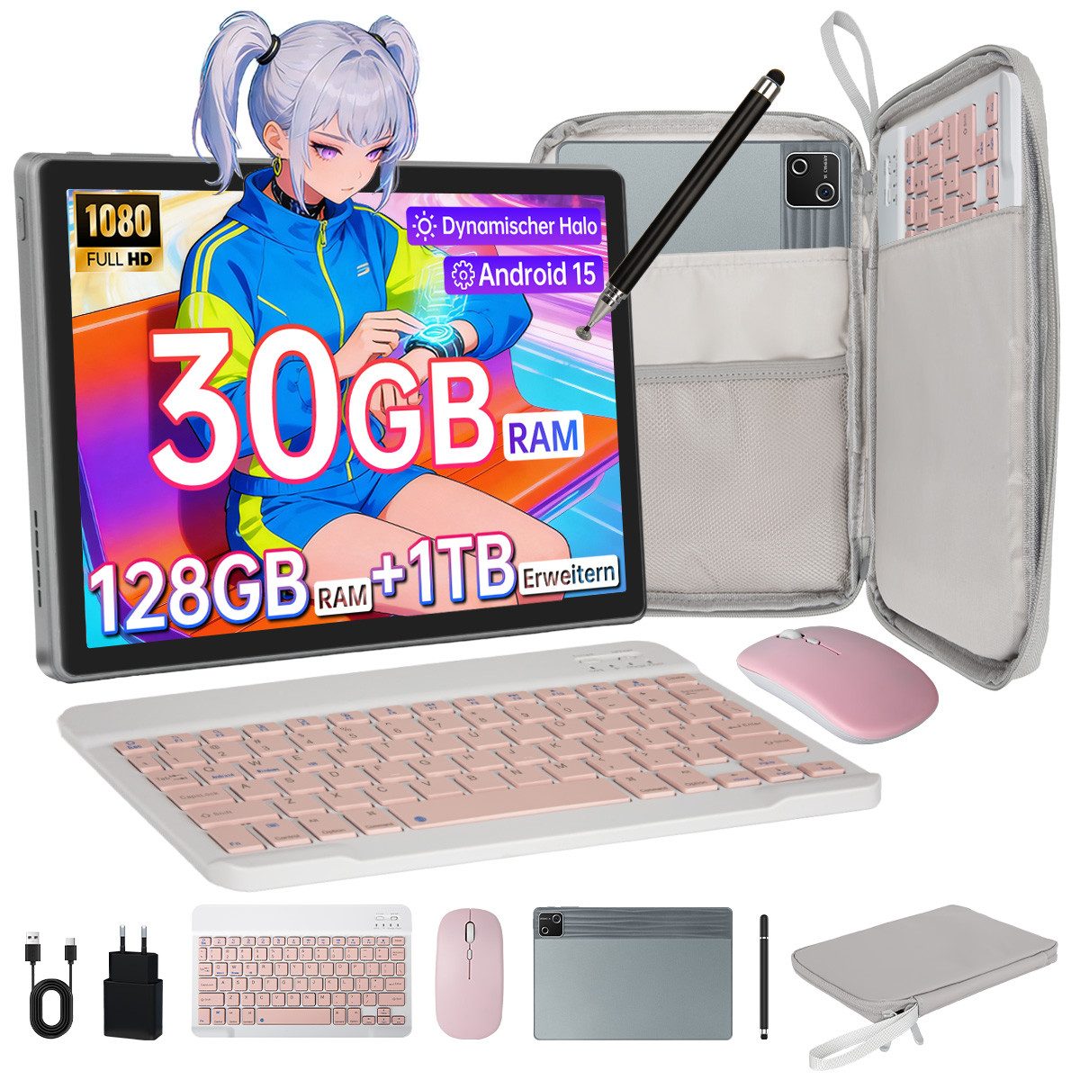 BUFO 10/14'' Android, 30(6+24)GB RAM, 128GB/256GB, mit Tastatur/Maus/Stift Tablet (10", 128 GB, Android 15, Octa-Core, mit Stift/Maus/Tastatur)