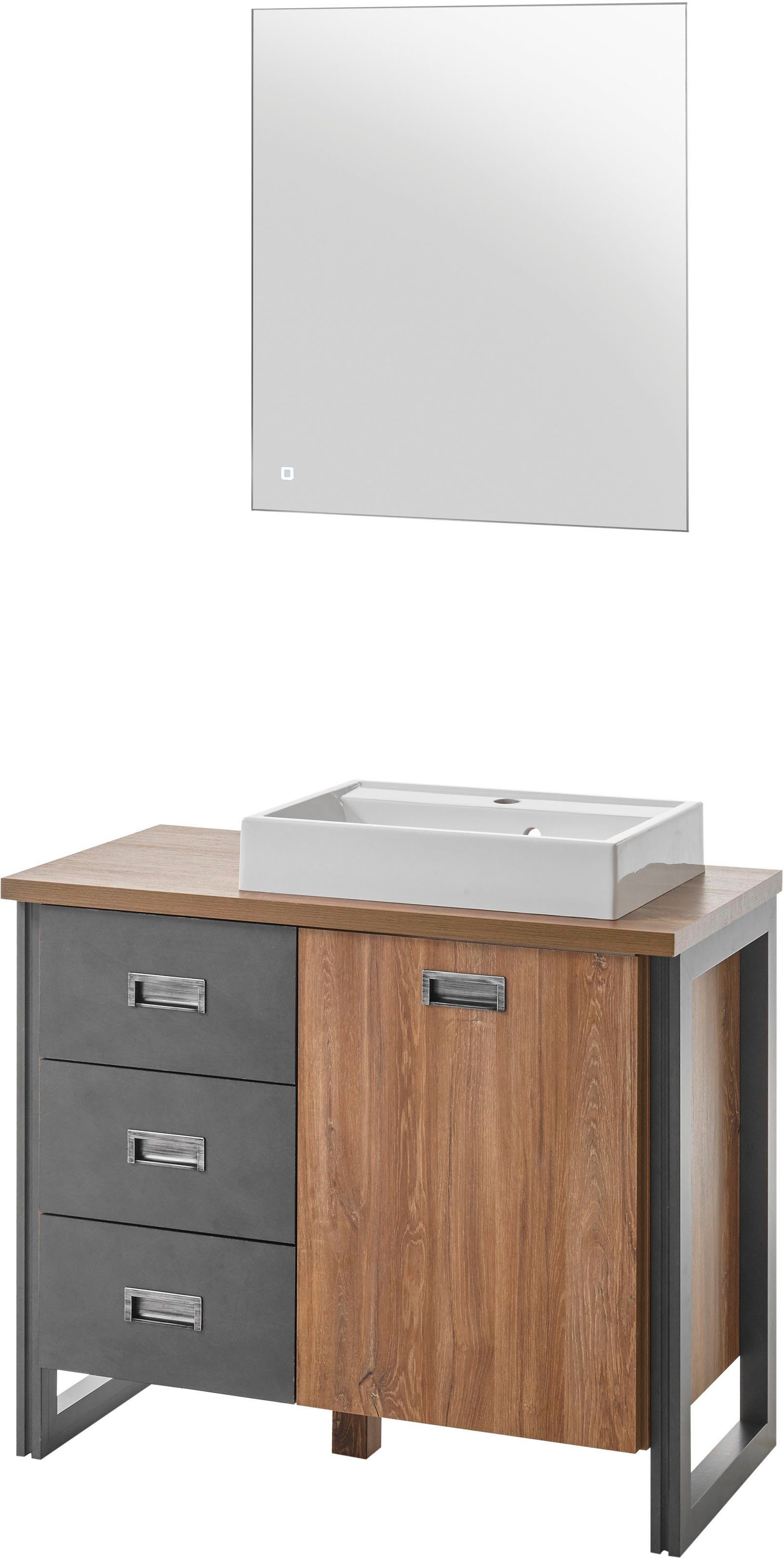 Home affaire Badmöbel-Set Detroit, Bad im Industrialdesign, inkl. LED, 2-teiliges Badezimmer, (2-St), Waschtisch und Spiegel, inkl. Aufsatzwaschbecken aus Mineralguss