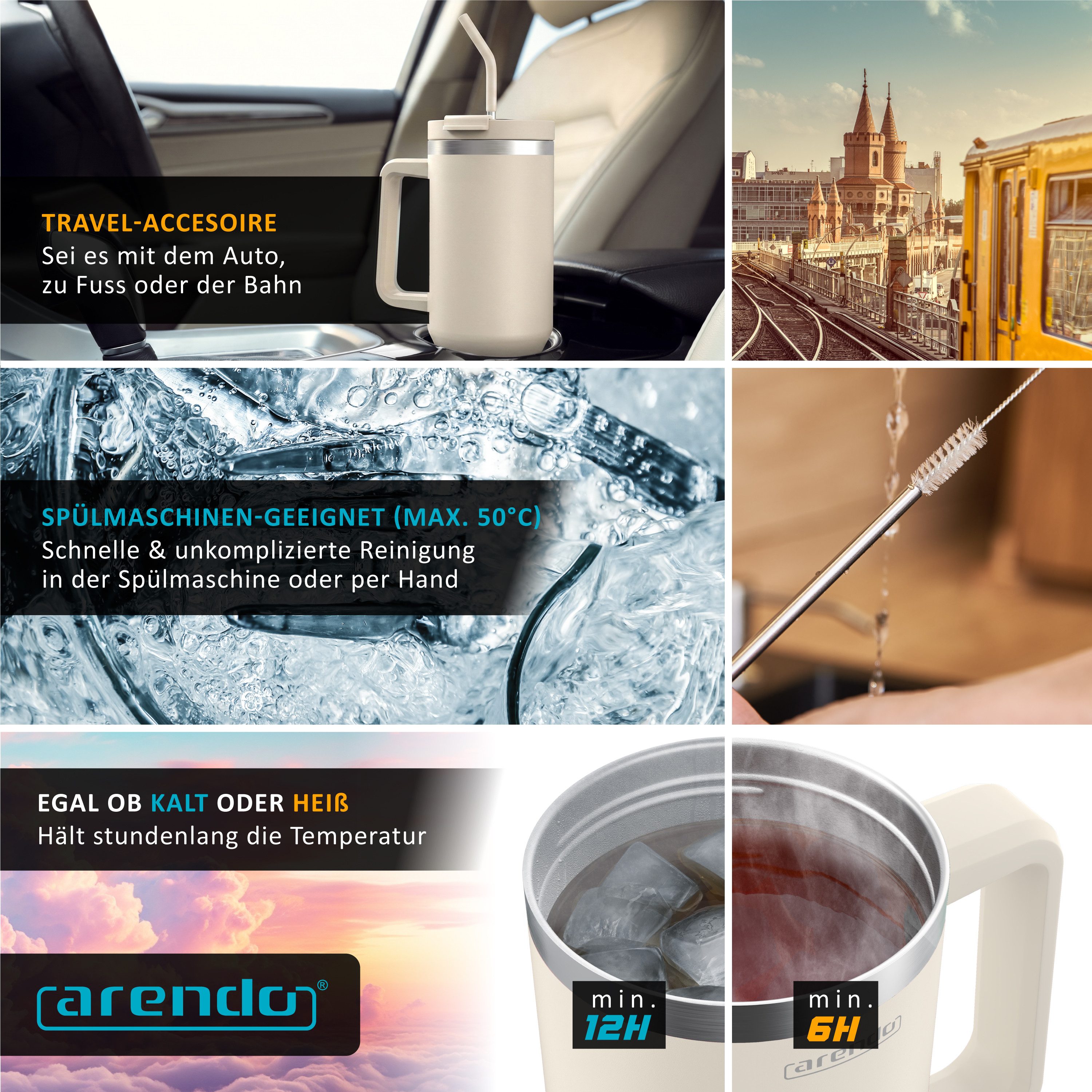 Arendo Thermobecher Tumbler 1200 ml, Becher mit Deckel, Henkel und Strohhalm, Thermal Mug, 1-tlg., Edelstahl, kohlensäuregeeignet, auslaufsicher, doppelwandig,  – Bild 4 von 5
