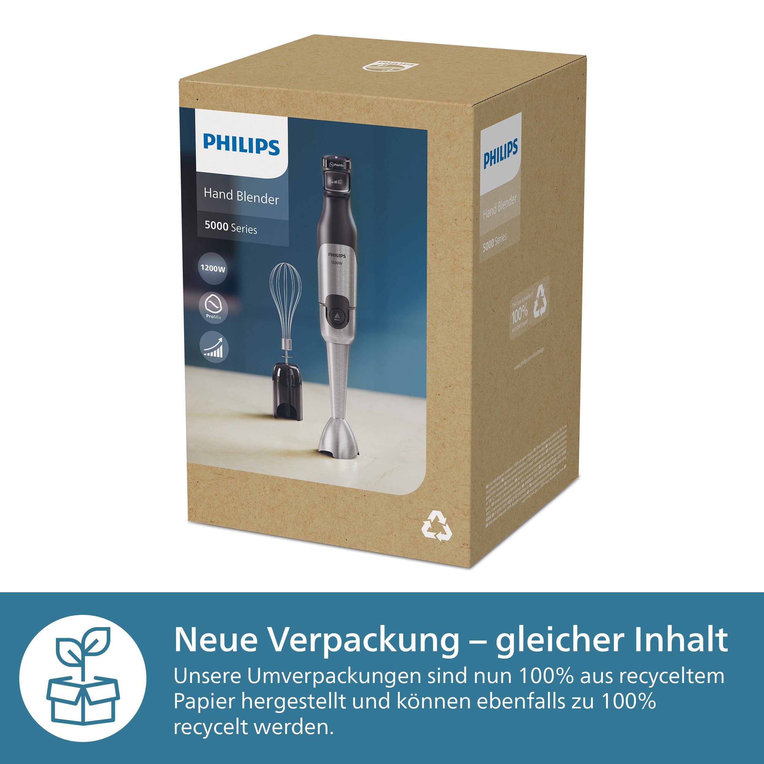 Philips Stabmixer HR2682/00 5000 Series, mit ProMix-Technologie, 1200 W, Becher und Schneebesenaufsatz; Edelstahl/Schwarz