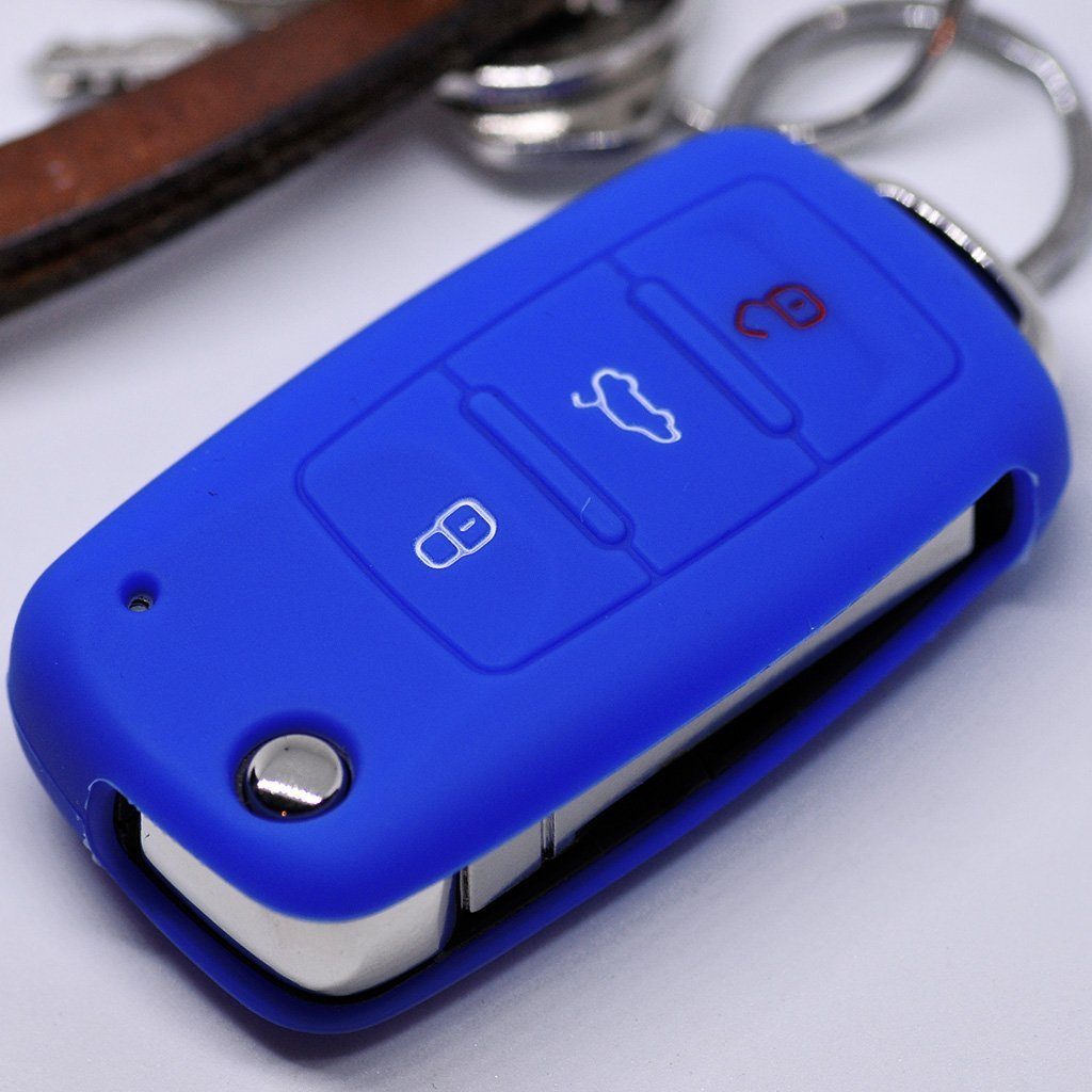 mt-key Schlüsseltasche Autoschlüssel Softcase Silikon Schutzhülle Blau, für VW Seat Skoda ab 11/2009 3 Tasten Klappschlüssel