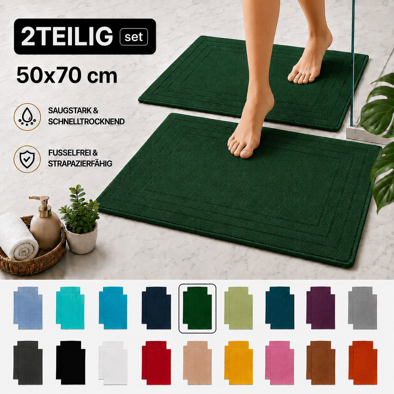 Komfortec Badematte 2er Badetuch Set aus 100% Baumwolle 50x70 cm Extra Weich & Saugstark, Rechteckig, 600 g/m² – Bild 5 von 5