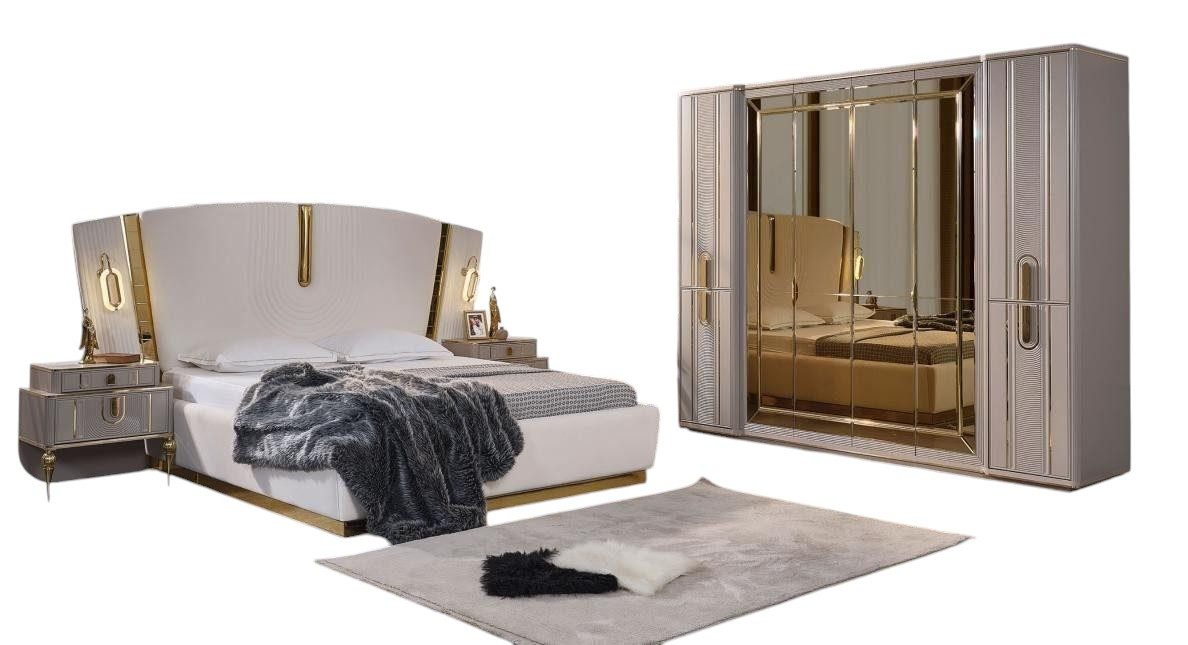 Schlafzimmer-Set Doppelbett Garnitur Schlafzimmer Bett Nachttische Beige Schrank