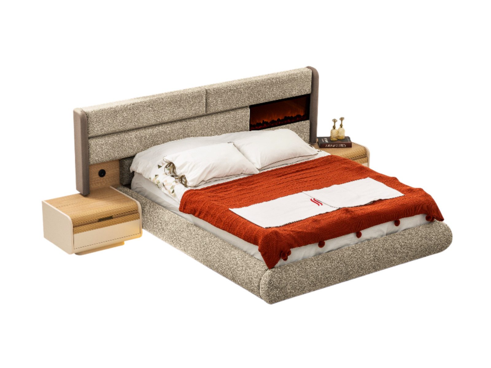 Villa Möbel Boxspringbett Aura (Bett, Bett mit Kopfteil), LED Sockellicht gepolstertes Kopfteil ruhige Beige Eicheoptik