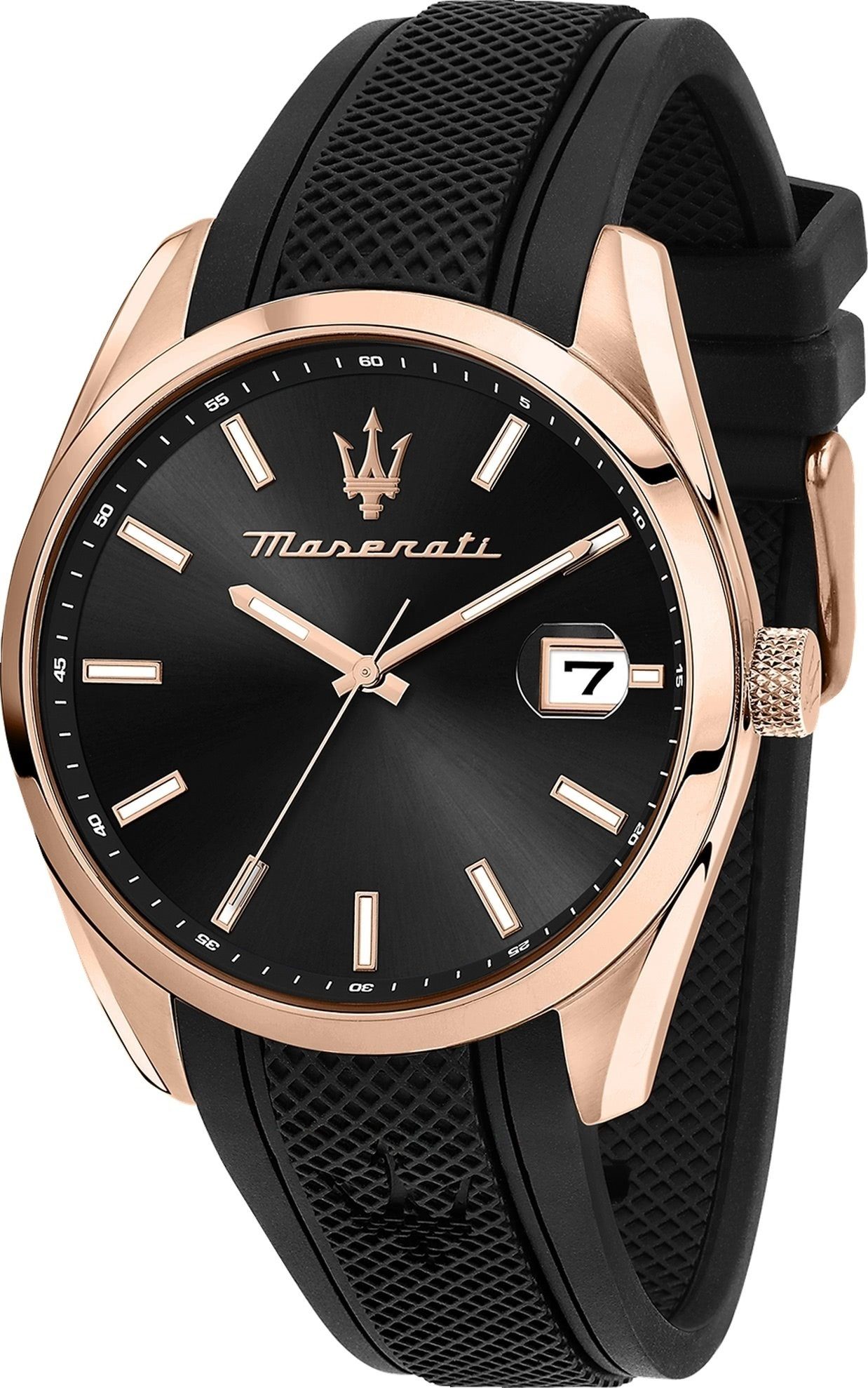 MASERATI Quarzuhr Maserati Herrenuhr Attrazione, (Analoguhr), Herrenuhr rund, groß (ca. 43mm) Silikonarmband, Made-In Italy