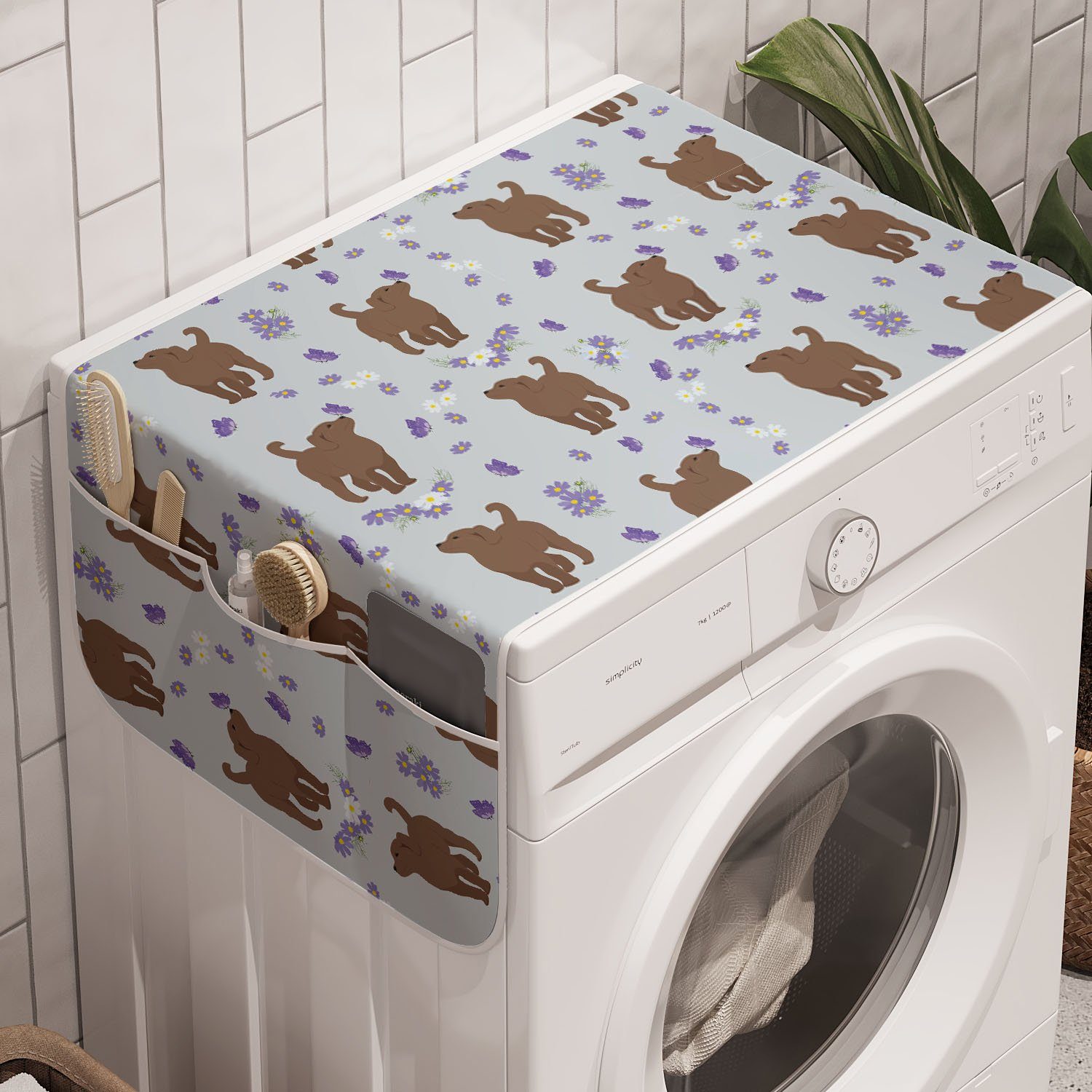 Abakuhaus Badorganizer Anti-Rutsch-Stoffabdeckung für Waschmaschine und Trockner, Hund Welpen Schmetterlinge und Blumen