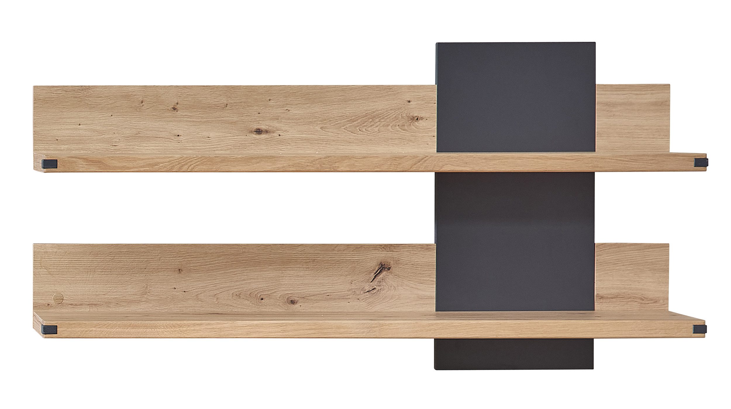 Massivart® Wandboard CATANIA 120 cm Breite / Massivholz Wildeiche, Wandregal / 2 Ablageflächen / Artisan Eiche Holzdekor - graphit