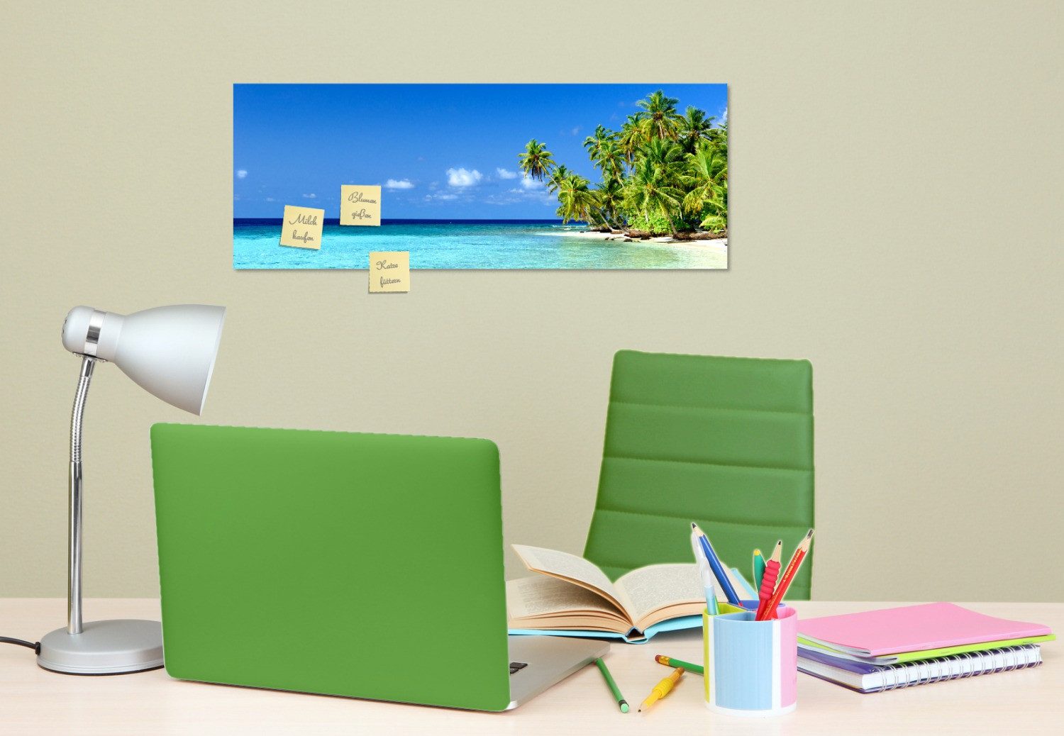 Wallario Memoboard Blauer Himmel weißer Strand Palmen und das tiefblaue Meer