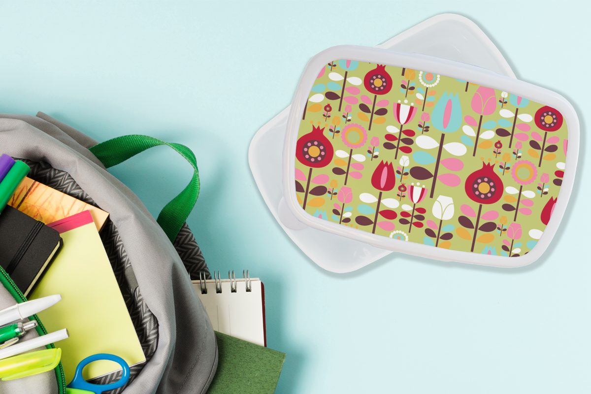 MuchoWow Lunchbox Muster - Blumen Brotbox Brotdose, Farben, - Erwachsene, für Jungs Mädchen Kunststoff, für (2-tlg), und weiß und Kinder