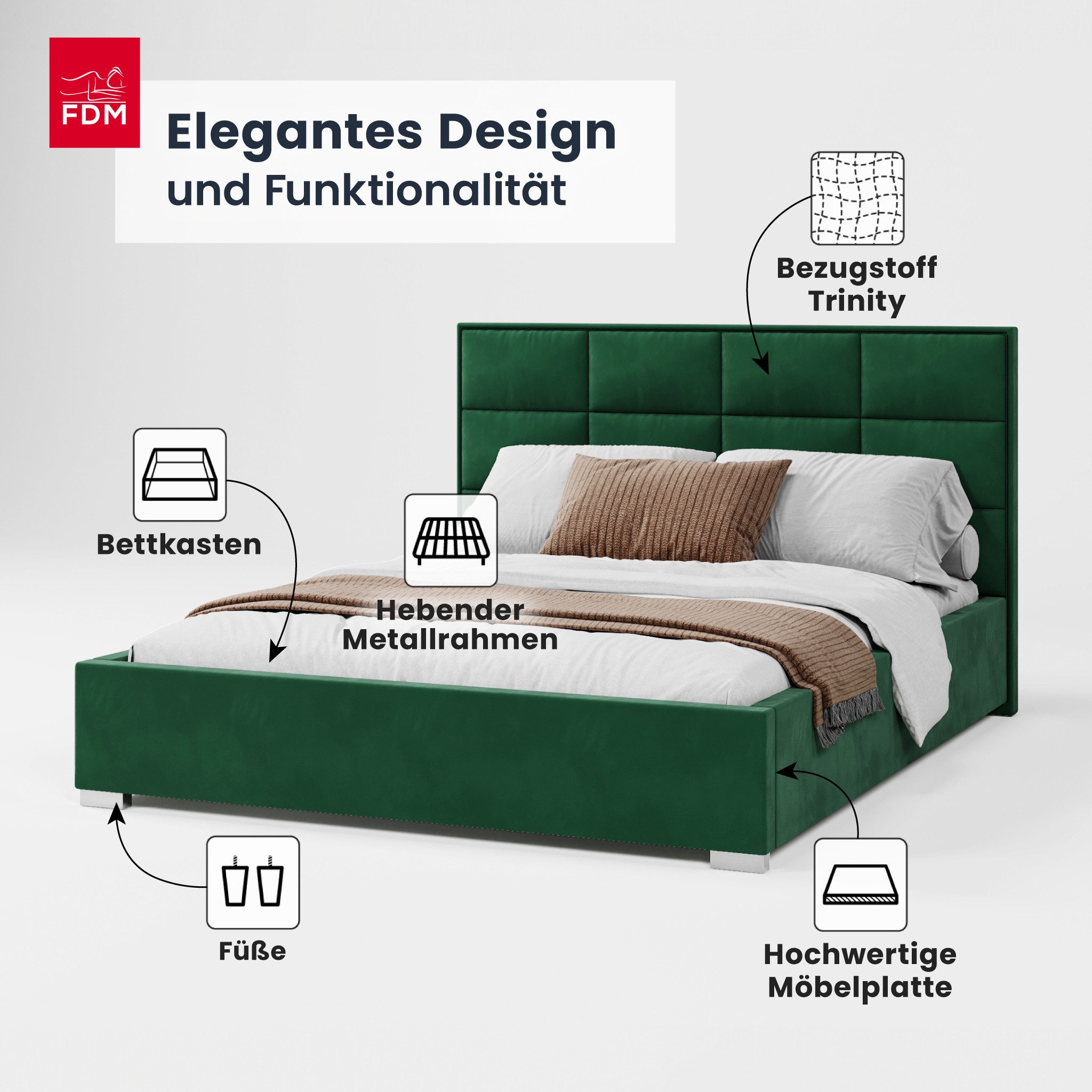 FDM Polsterbett modern mit Bettkasten MADE IN EU - mit hochwertigem Velours Bezug (verfügbar 120x200 140x200 160x200 180x200cm, Bettrahmen, Bett, mit großen gepolsterten Kopfteil, mit Bettkasten zum aufklappen), Hebbarer Metallrahmen, Bettkasten, mit/ohne Matratze