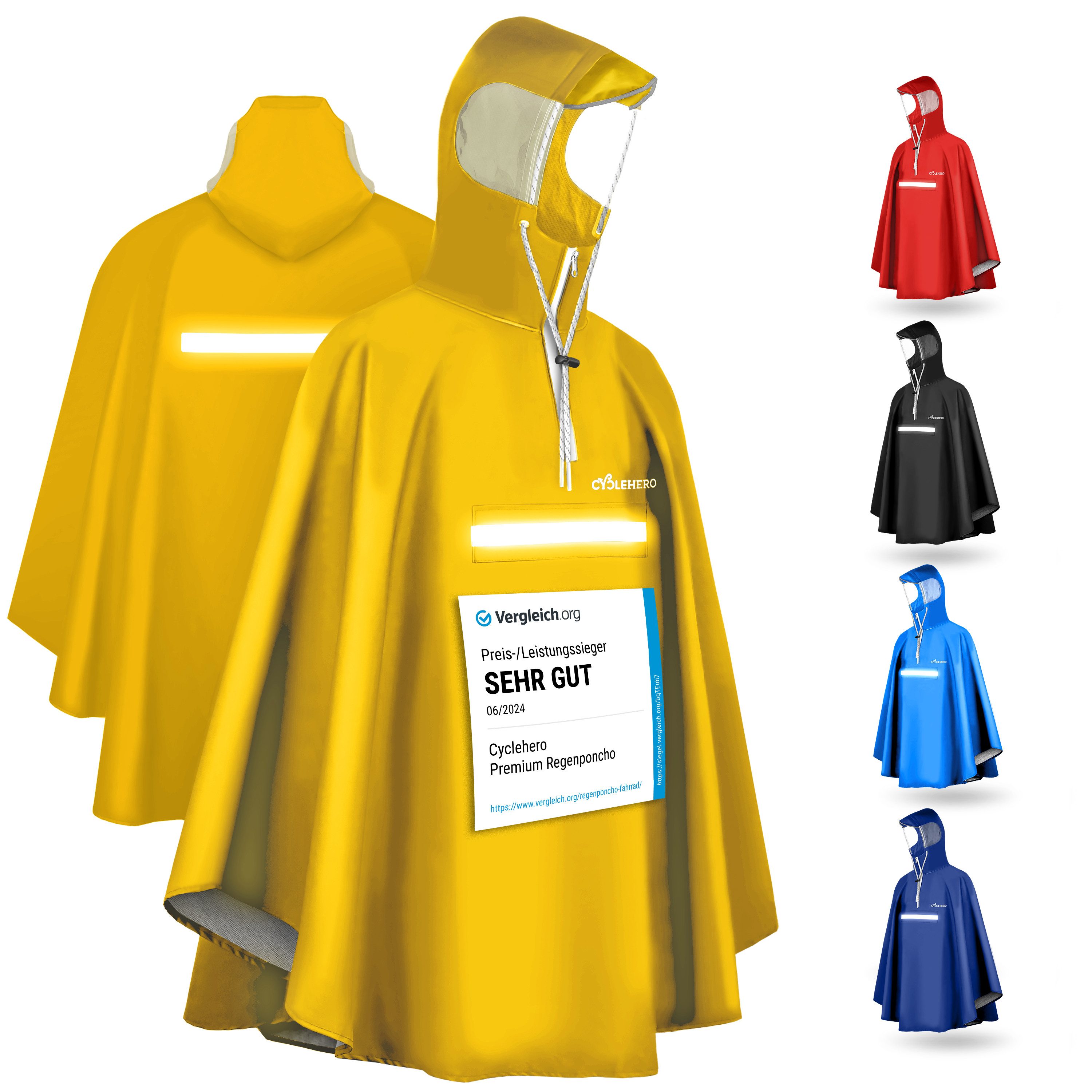 CYCLEHERO Regenponcho Regenponcho Fahrrad extra wasserdicht und robust - TEST SEHR GUT - Pre (1-St., XL) Reflektoren, Sichtfenster, Handschlaufen, Regenfänger