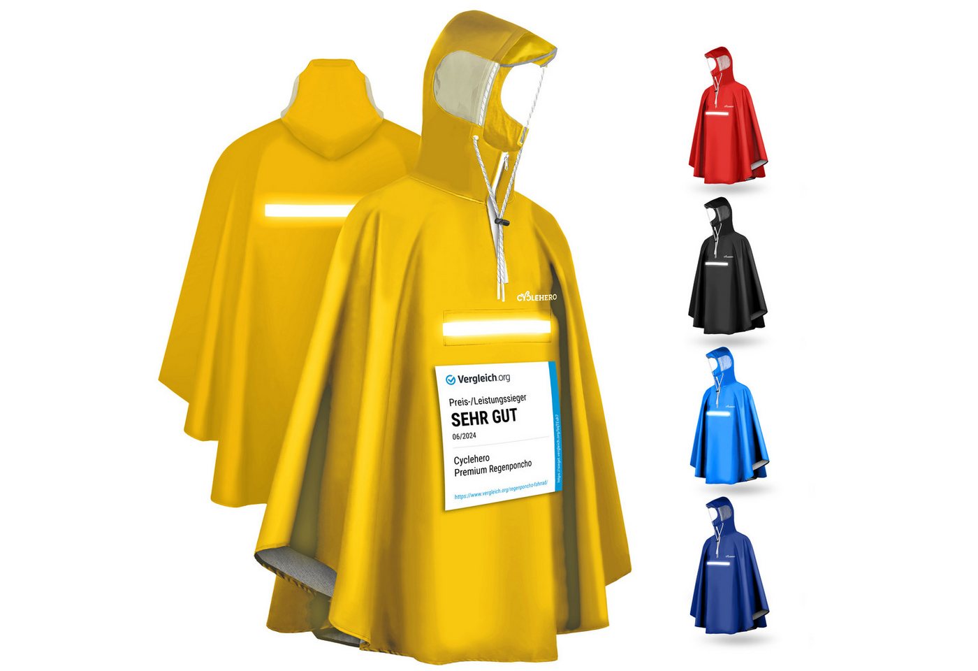 CYCLEHERO Regenponcho Fahrrad mit Reflektoren, wasserdicht, Gelb, L, Unisex (Einzelartikel, 1-St., L)