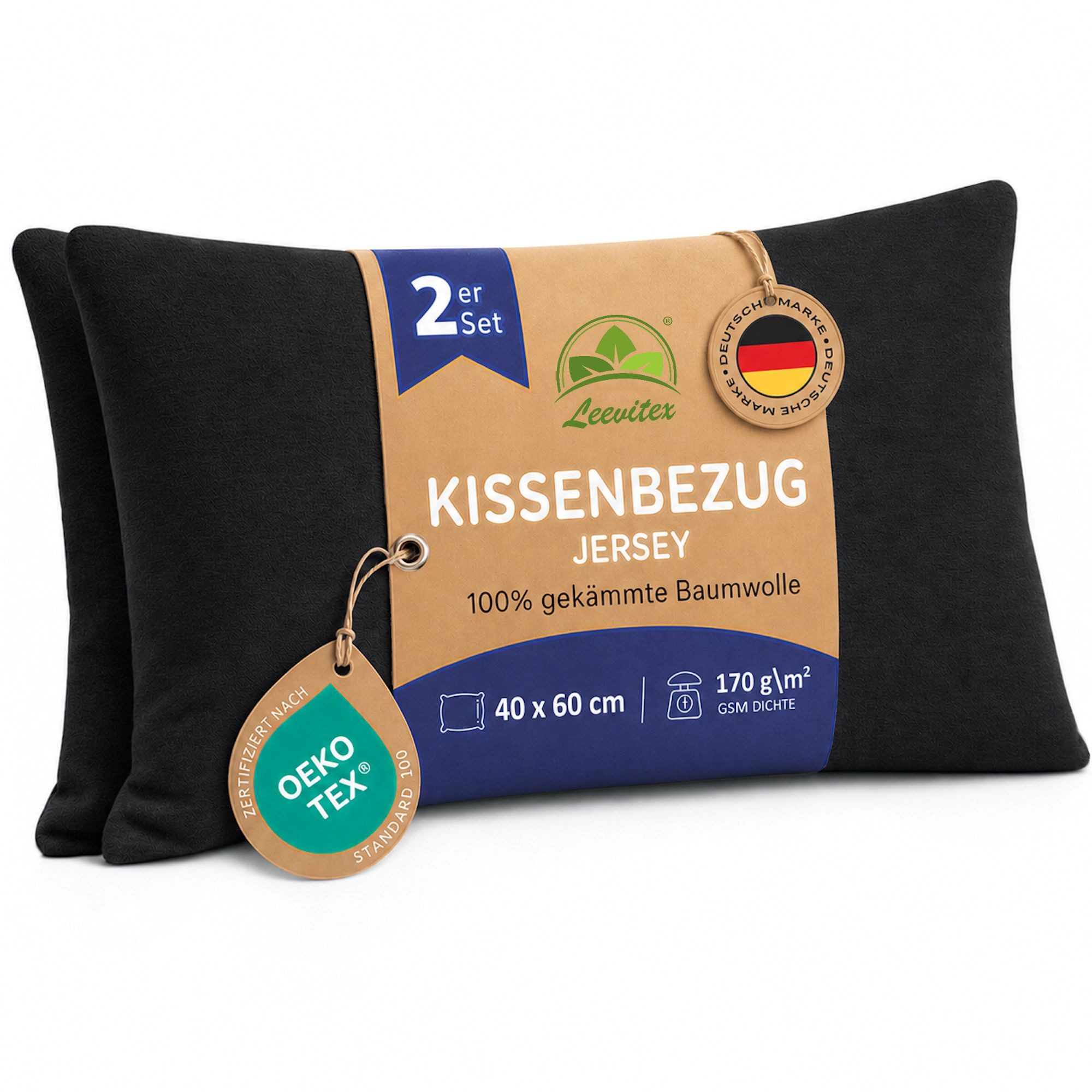 leevitex® Kissenbezüge Kissenbezug 40 x 60 cm, 2er Set, Schwarz, (2 Stück), feine Jersey-Qualität, 100% Baumwolle, robuster Reißverschluss
