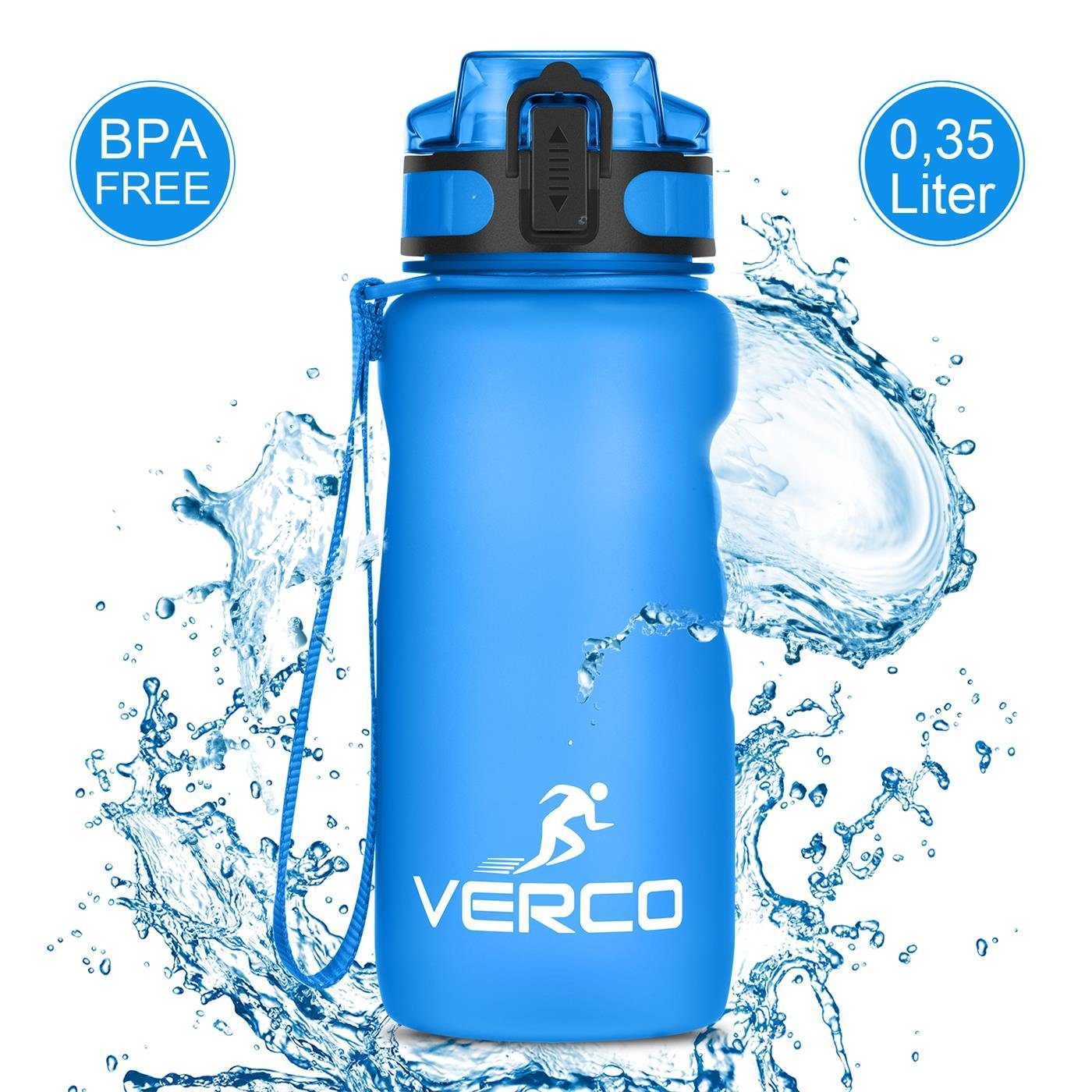 VERCO Trinkflasche 350 ml Sport Tritan 0,35 Liter Flasche, Wasserflasche BPA Frei mit Fruchtsieb wiederverwendbar nachhaltig Blau