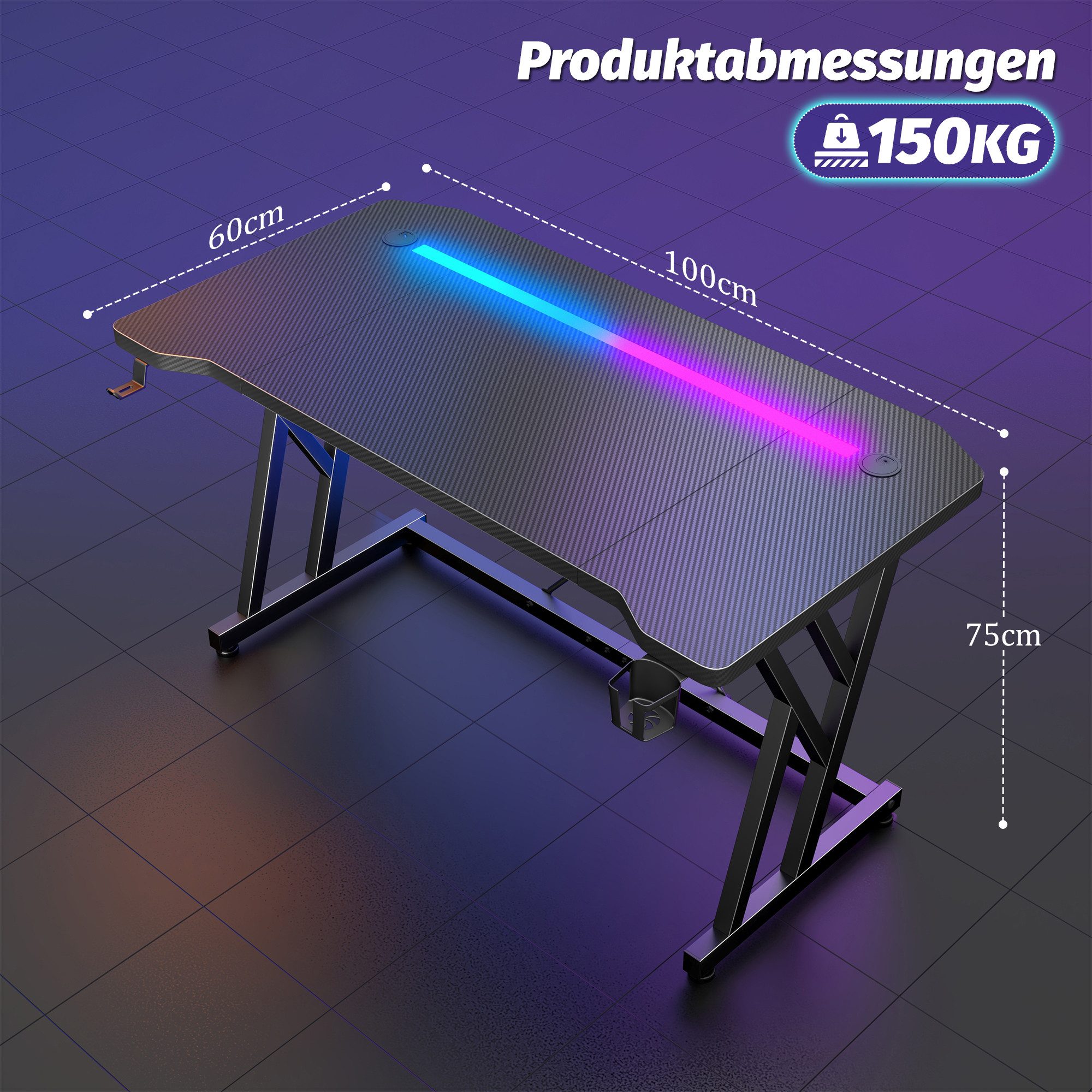 Klyvvo Schreibtisch Gaming Schreibtisch, Computertisch mit RGB LED Beleuchtung (1-St), Computer Tisch Gamingtisch – Bild 2 von 5