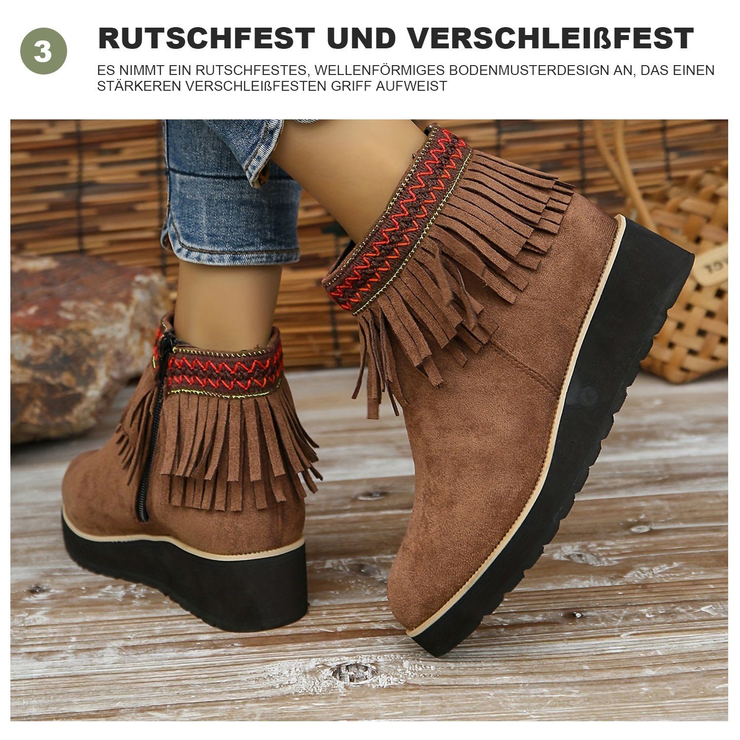Winterstiefel Damen Quasten Boots Daisred Braun Cowboy Kurze Stiefel Winterschuhe