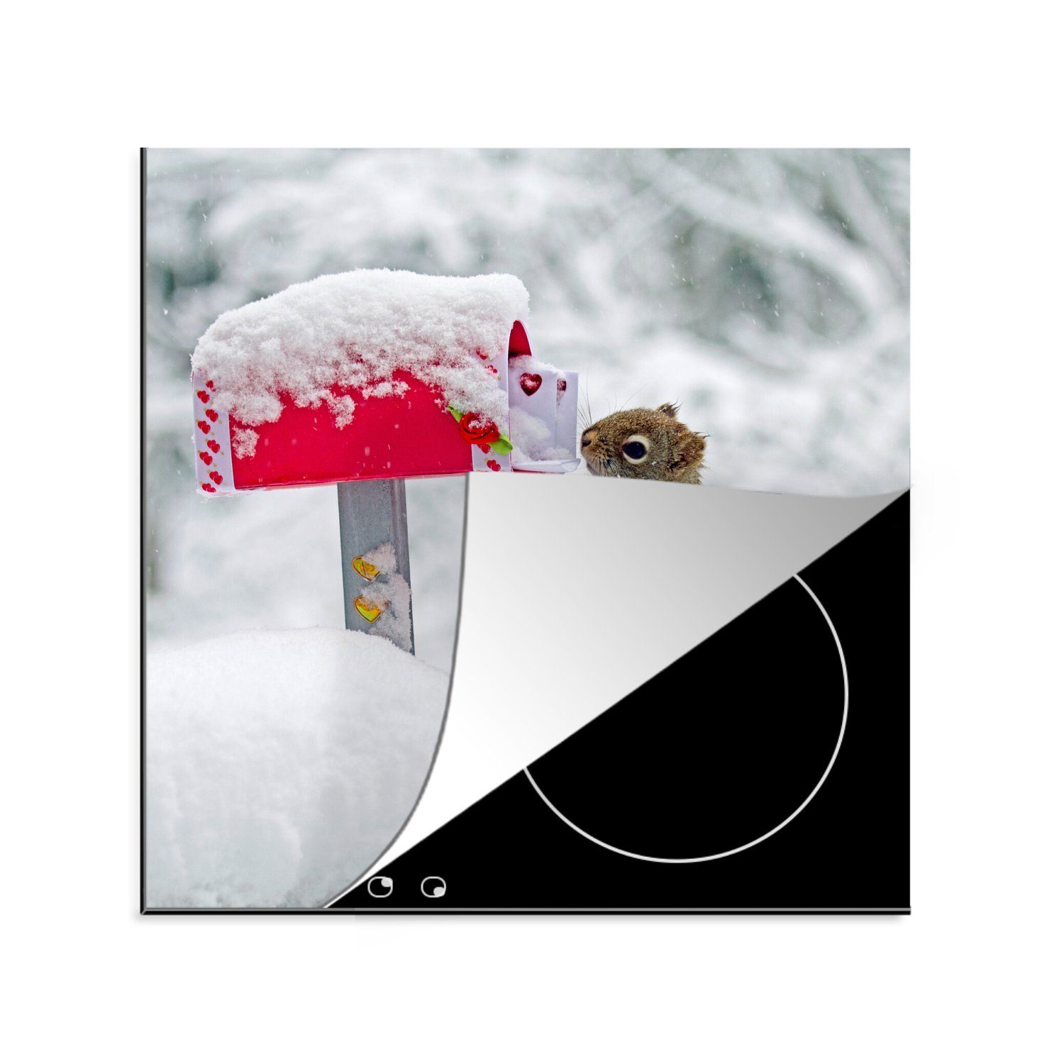 MuchoWow Herdblende-/Abdeckplatte Eichhörnchen - Briefkasten - Schnee - Winter, Vinyl, (1 tlg), 78x78 cm, Ceranfeldabdeckung, Arbeitsplatte für küche