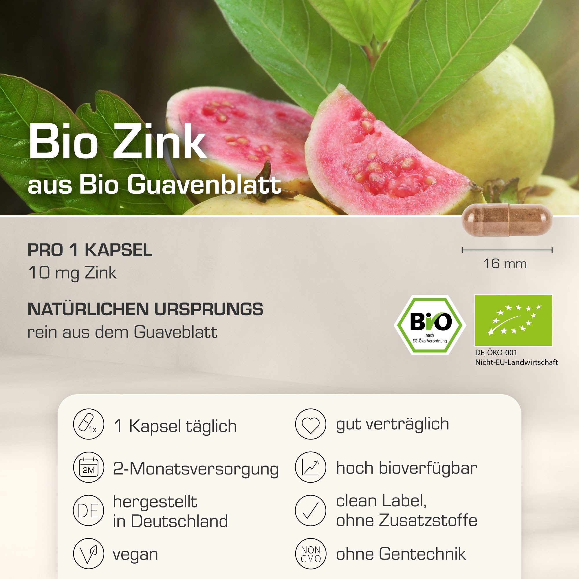 Purabyo Bio Zink Kapseln, 10 mg Zink, aus Bio Guaveblatt Extrakt, im Glas Kapseln, 1 er 60 St., 20 g