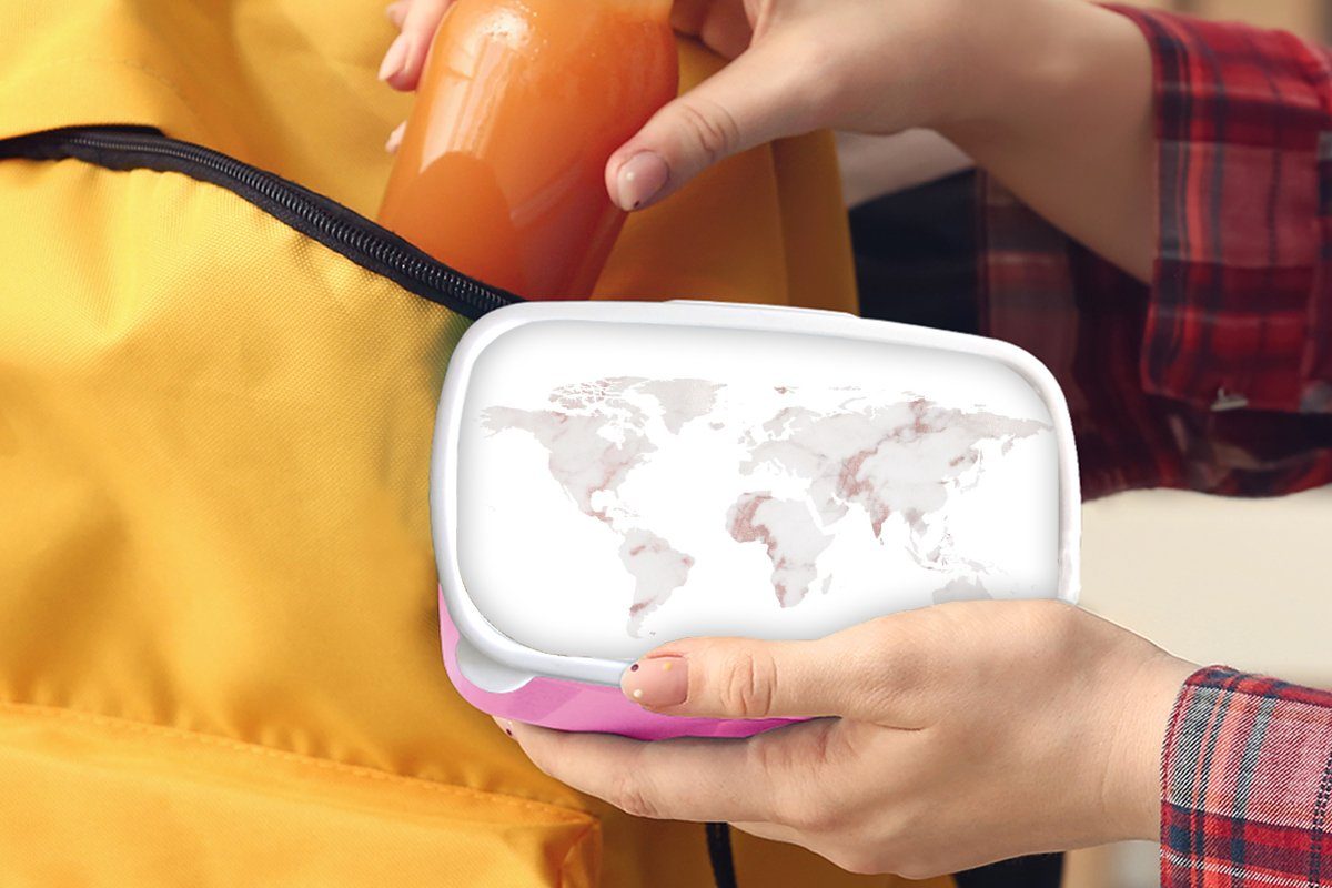 MuchoWow Lunchbox Weltkarte Snackbox, Marmor Erwachsene, Kunststoff rosa (2-tlg), Mädchen, Kunststoff, Kupfer, für Brotbox - - Brotdose Kinder