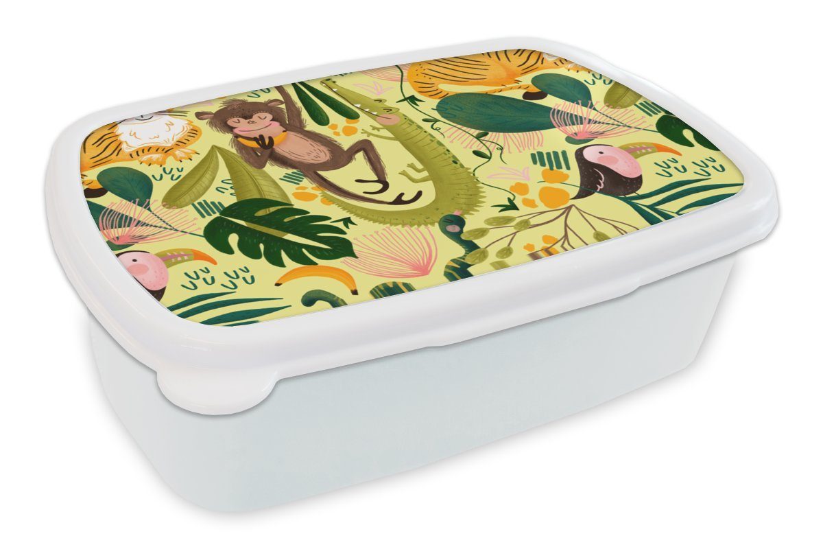 MuchoWow Lunchbox Tiere - Dschungel - Gelb, Kunststoff, (2-tlg), Brotbox für Kinder und Erwachsene, Brotdose, für Jungs und Mädchen weiß
