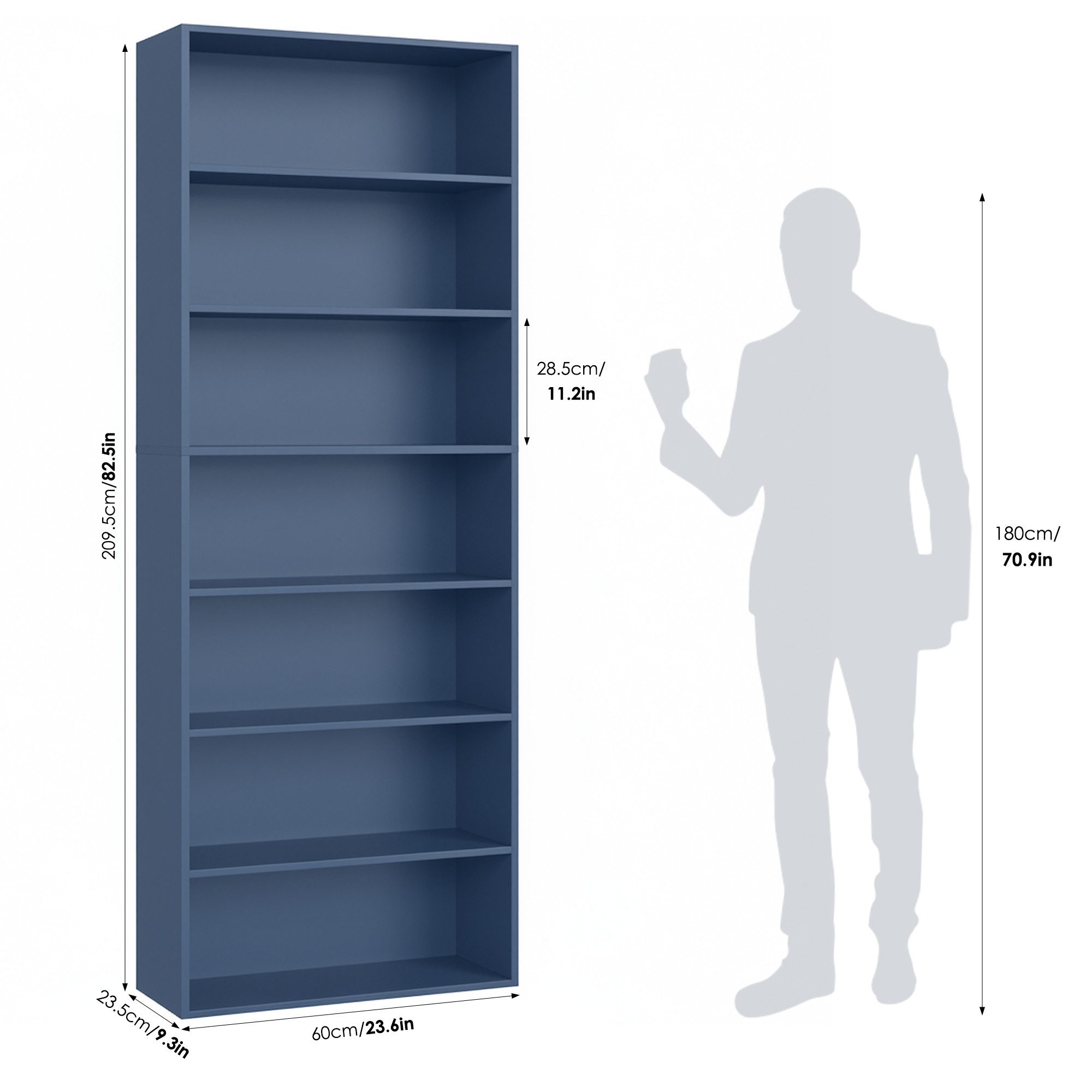 Homfa Bücherregal, 210cm Standregal, Bücherschrank mit 7 Fächern, blau